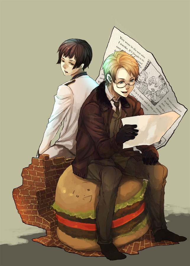tetsuo (watson), tetsuo satoshi, america (hetalia), japan (hetalia), axis powers hetalia, 00s, 2boys, ahoge, back-to-back, black hair, blonde hair, blue eyes, bomber jacket, brick, brown eyes, burger, food, glasses, gloves, jacket, male focus, military, military uniform, multiple boys, necktie, newspaper, reading, sitting, smile