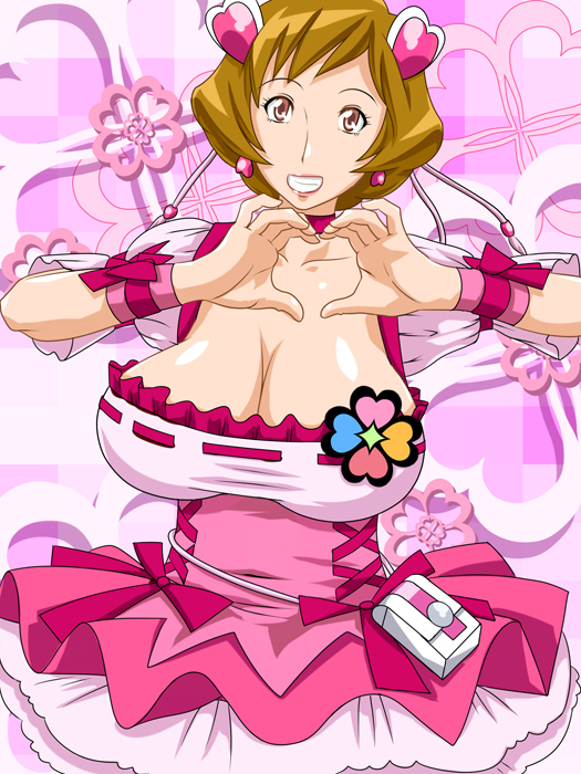 tetsukui, cure peach, momozono ayumi, fresh precure!, precure, 1girl, breasts, brown hair, choker, cleavage, cosplay, cure peach (cosplay), female focus, grin, hair ornament, heart, heart hair ornament, heart hands, huge breasts, looking at viewer, magical girl, mature female, short hair, smile, solo