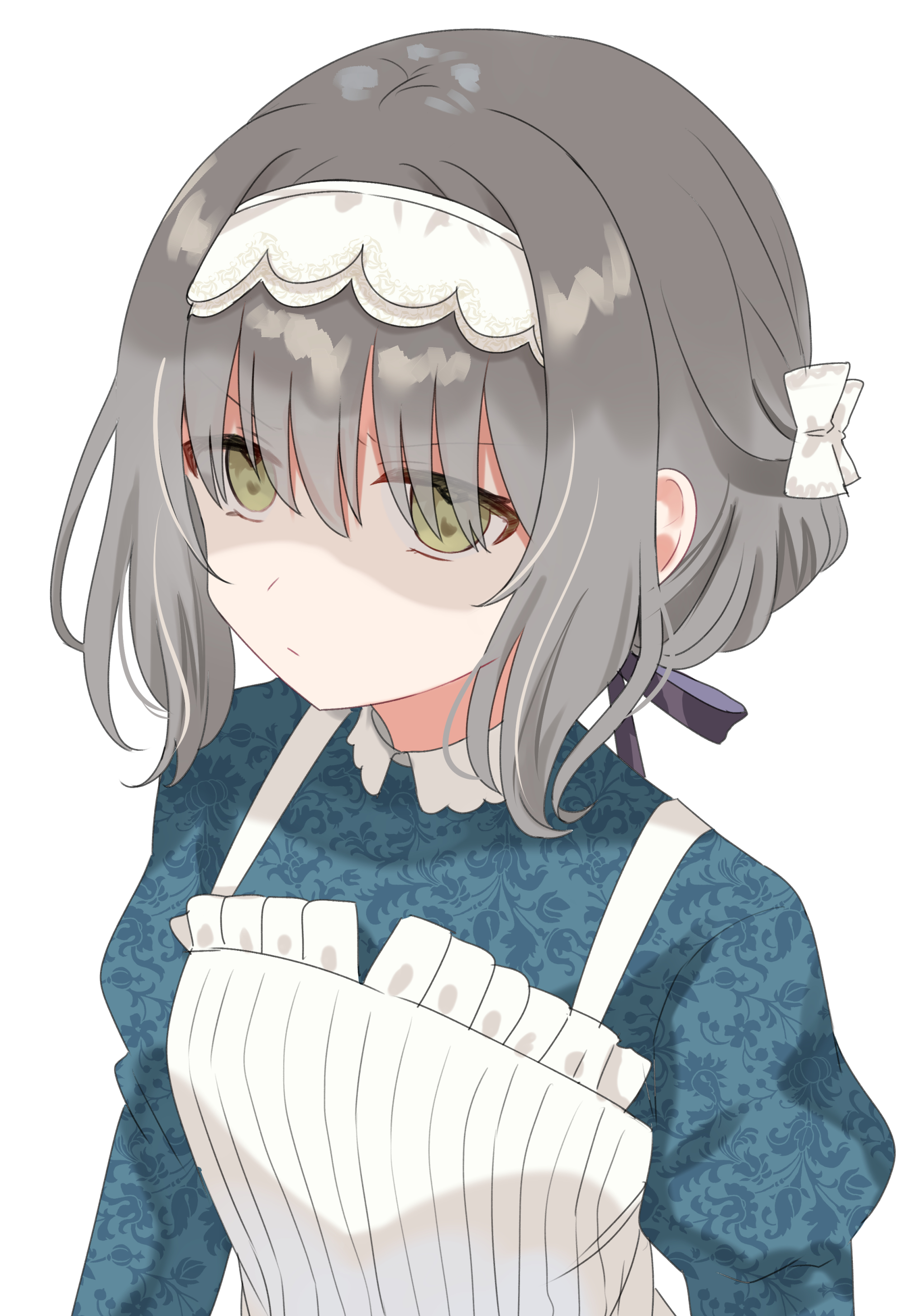 chiune (yachi), hiwatari kanae, gakuen idolmaster, idolmaster, absurdres, highres, 1girl, :/, apron, black ribbon, dress, furrowed brow, green dress, green eyes, grey hair, hair ribbon, long sleeves, maid headdress, puffy sleeves, ribbon, shaded face, short hair, simple background, solo, white apron, white background