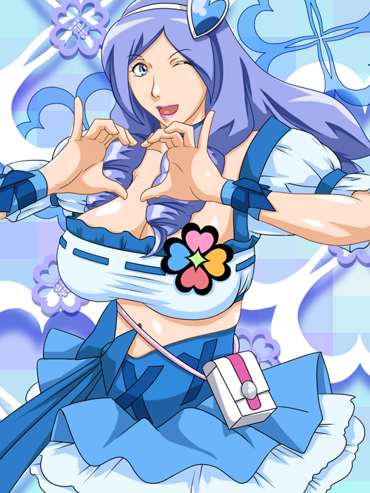 tetsukui, aono remi, cure berry, fresh precure!, precure, 1girl, blue eyes, blue hair, blue skirt, breasts, cleavage, cosplay, cure berry (cosplay), drill hair, female focus, hair ornament, heart, heart hair ornament, heart hands, huge breasts, looking at viewer, magical girl, matching hair/eyes, mature female, midriff, one eye closed, skirt, solo, wink