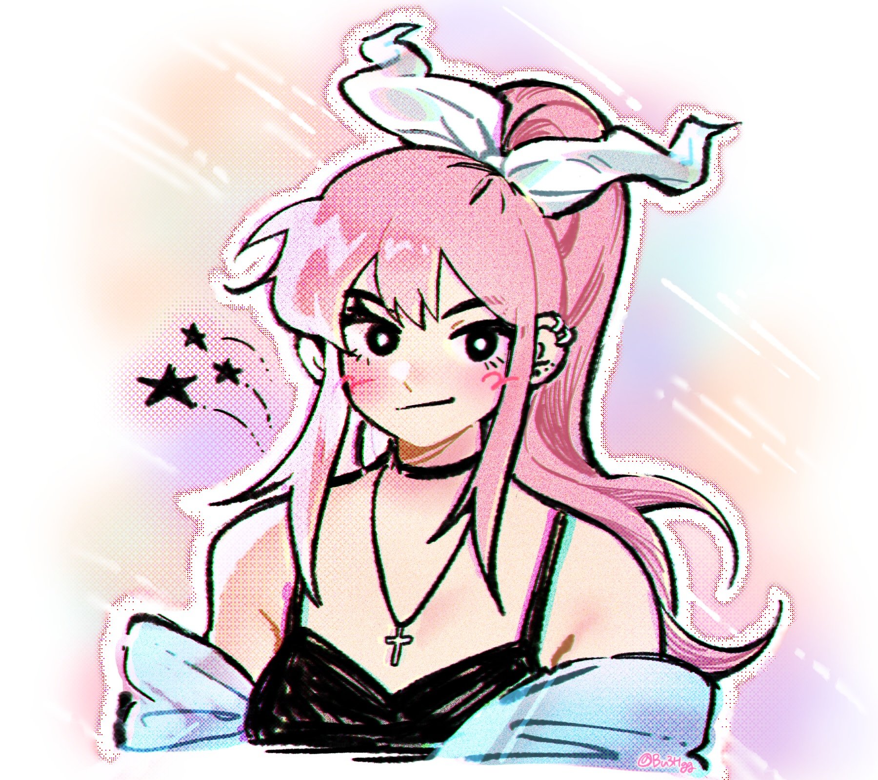 bu3hgg, aubrey (faraway) (omori), aubrey (omori), omori, highres, 1girl, alternate costume, alternate hairstyle, artist name, black choker, black eyes, blush, bright pupils, choker, chromatic aberration, closed mouth, cross, cross necklace, double-parted bangs, ear piercing, hair ribbon, jewelry, long hair, looking at viewer, necklace, outline, piercing, pink hair, ponytail, ribbon, sidelocks, smile, solo, twitter username, upper body, white outline, white pupils, white ribbon