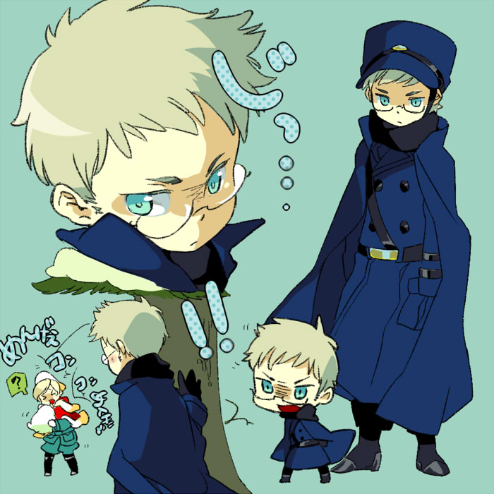 sorabo, finland (hetalia), hana-tamago, hanatamago (hetalia), sweden (hetalia), axis powers hetalia, !, !!, 00s, 2boys, blonde hair, blue eyes, cape, dog, glasses, hat, male focus, military, military uniform, multiple boys, shako cap, short hair