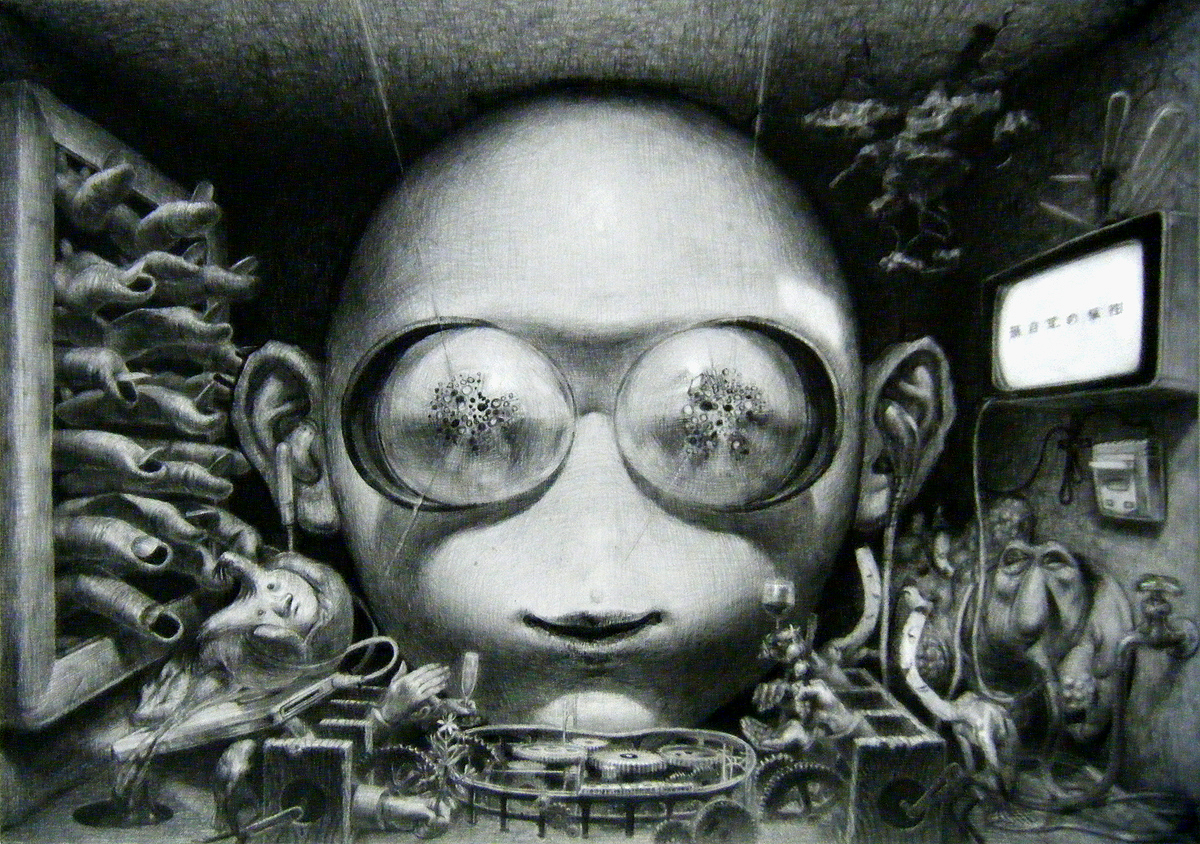 kazutaka, head, bad id, bad pixiv id, gender request, traditional media, abstract, androgynous, bald, blue theme, creepy, cup, digital media player, drinking glass, earphones, faucet, fingernails, flower, gears, guro, horror (theme), hose, indoors, monitor, monochrome, room, solo, surreal, what, wine glass