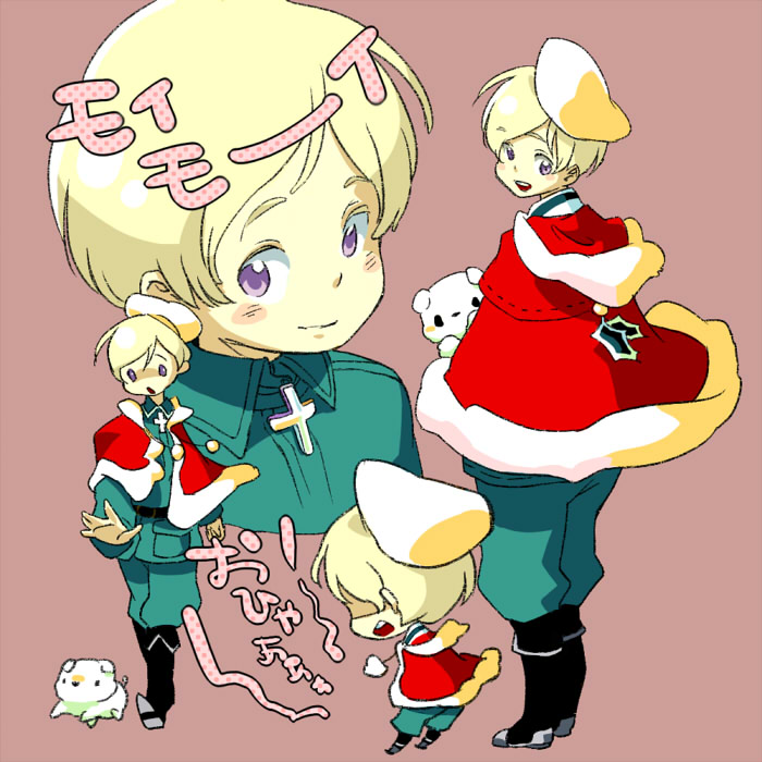 sorabo, finland (hetalia), hana-tamago, hanatamago (hetalia), axis powers hetalia, 00s, 1boy, baby animal, beret, blonde hair, cape, dog, hat, male focus, military, military uniform, puppy, purple eyes, short hair, smile