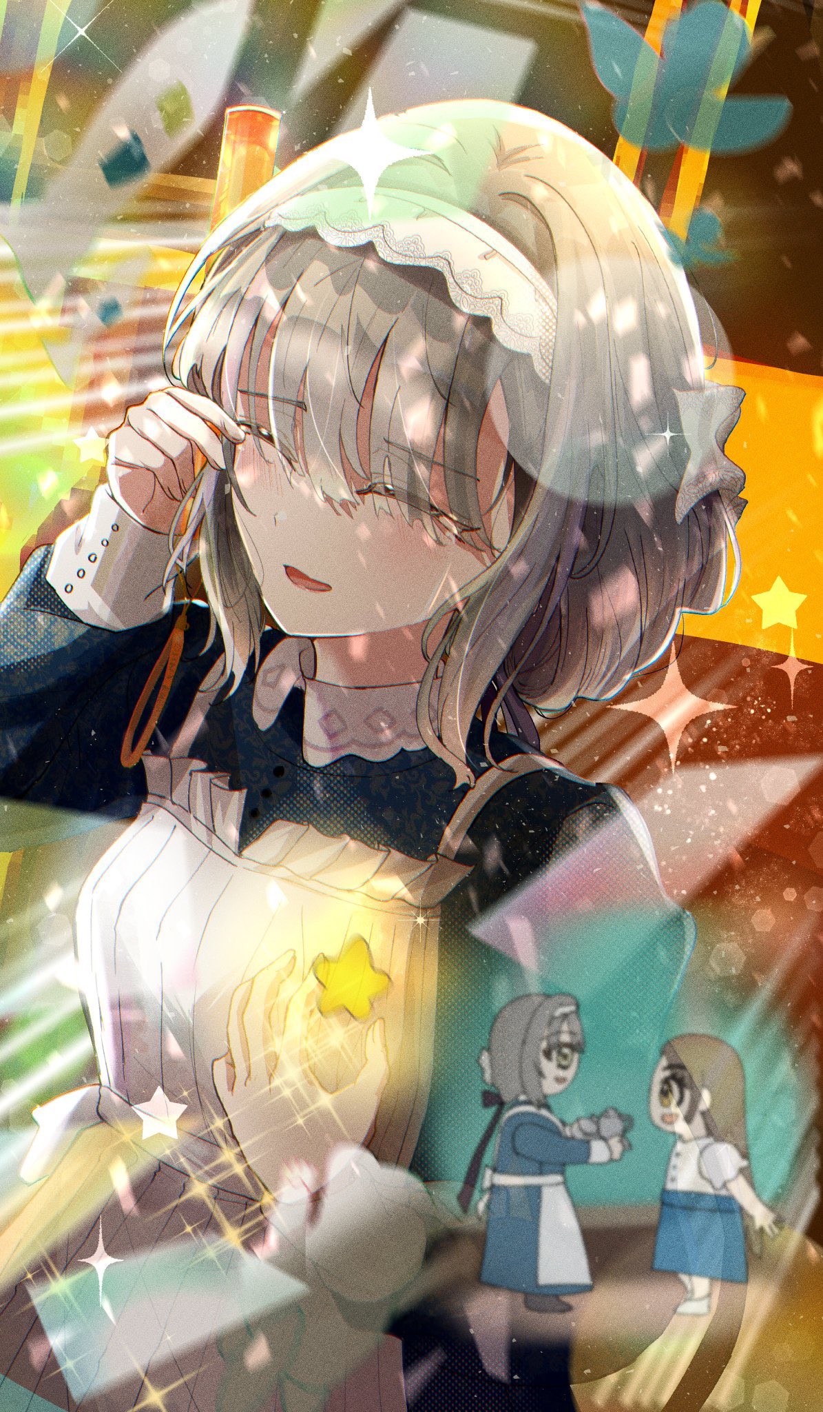 kws4k, hiwatari kanae, kuramoto china, gakuen idolmaster, idolmaster, highres, 2girls, apron, breasts, chibi, chibi inset, closed eyes, dress, grey hair, hand on own chest, hand up, long sleeves, maid, maid headdress, multiple girls, parted lips, purple dress, short hair, small breasts, smile, solo focus, tears, white apron, wiping tears