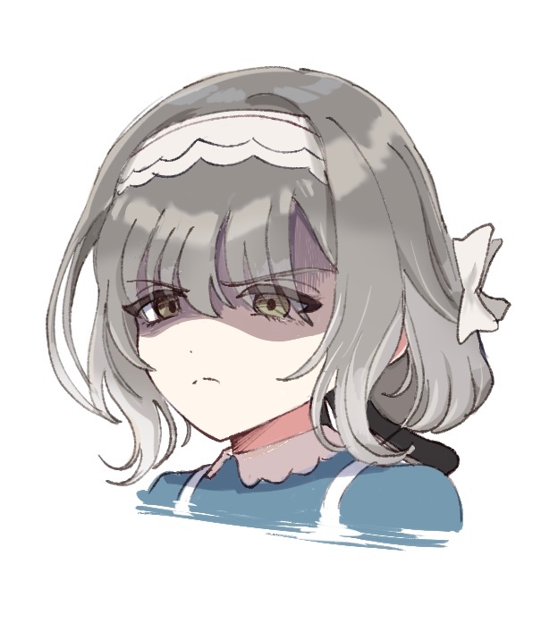 oz1412 4869, hiwatari kanae, gakuen idolmaster, idolmaster, 1girl, closed mouth, frown, green eyes, grey hair, scowl, shaded face, short hair, simple background, solo, white background