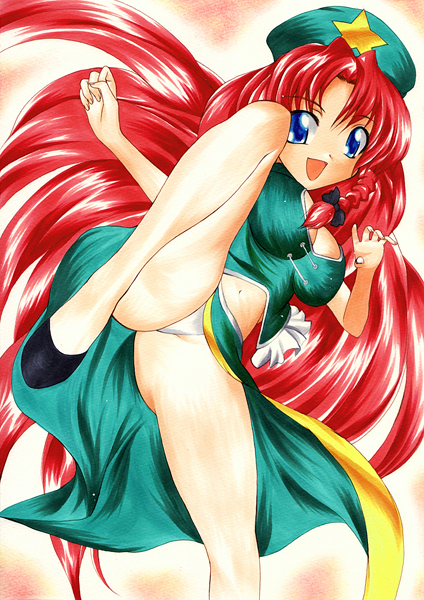 yadokari genpachirou, hong meiling, embodiment of scarlet devil, touhou, marker (medium), traditional media, 1girl, blue eyes, braid, breasts, cleavage, female focus, hat, high kick, kicking, large breasts, long hair, navel, panties, pantyshot, red hair, solo, underwear, very long hair