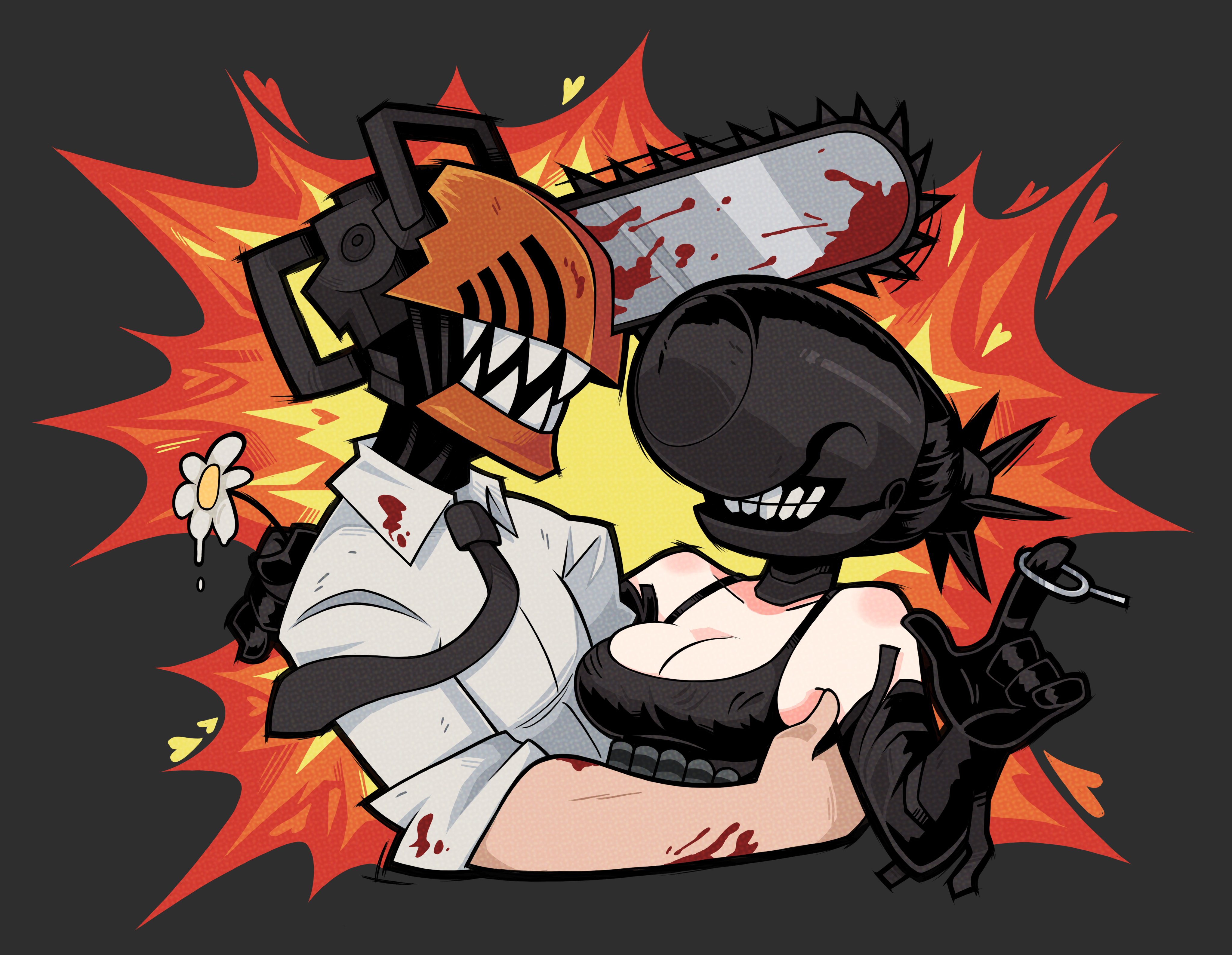 jen lum, bomb devil (chainsaw man), denji (chainsaw man), chainsaw man, absurdres, highres, 1boy, 1girl, alternate form, apron, black apron, black gloves, black necktie, blood, blood on clothes, breasts, chainsaw, collared shirt, elbow gloves, explosion, explosion background, flower, gloves, grenade pin, holding, holding flower, medium breasts, necktie, object head, sharp teeth, shirt, teeth, white flower, white shirt