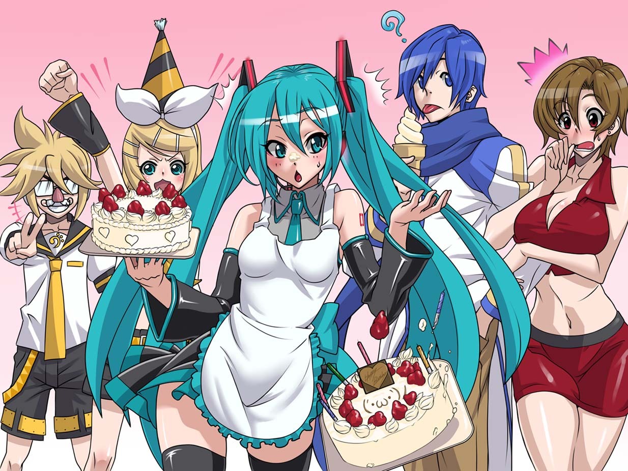 hatsune miku, kagamine len, kagamine rin, kaito (vocaloid), meiko (vocaloid), vocaloid, 2boys, 3girls, apron, aqua hair, birthday, blush, breasts, cake, cleavage, food, food on face, glasses, green eyes, ice cream, large breasts, medium breasts, multiple boys, multiple girls, pastry, short hair, siblings, thighhighs, twins, twintails, zettai ryouiki