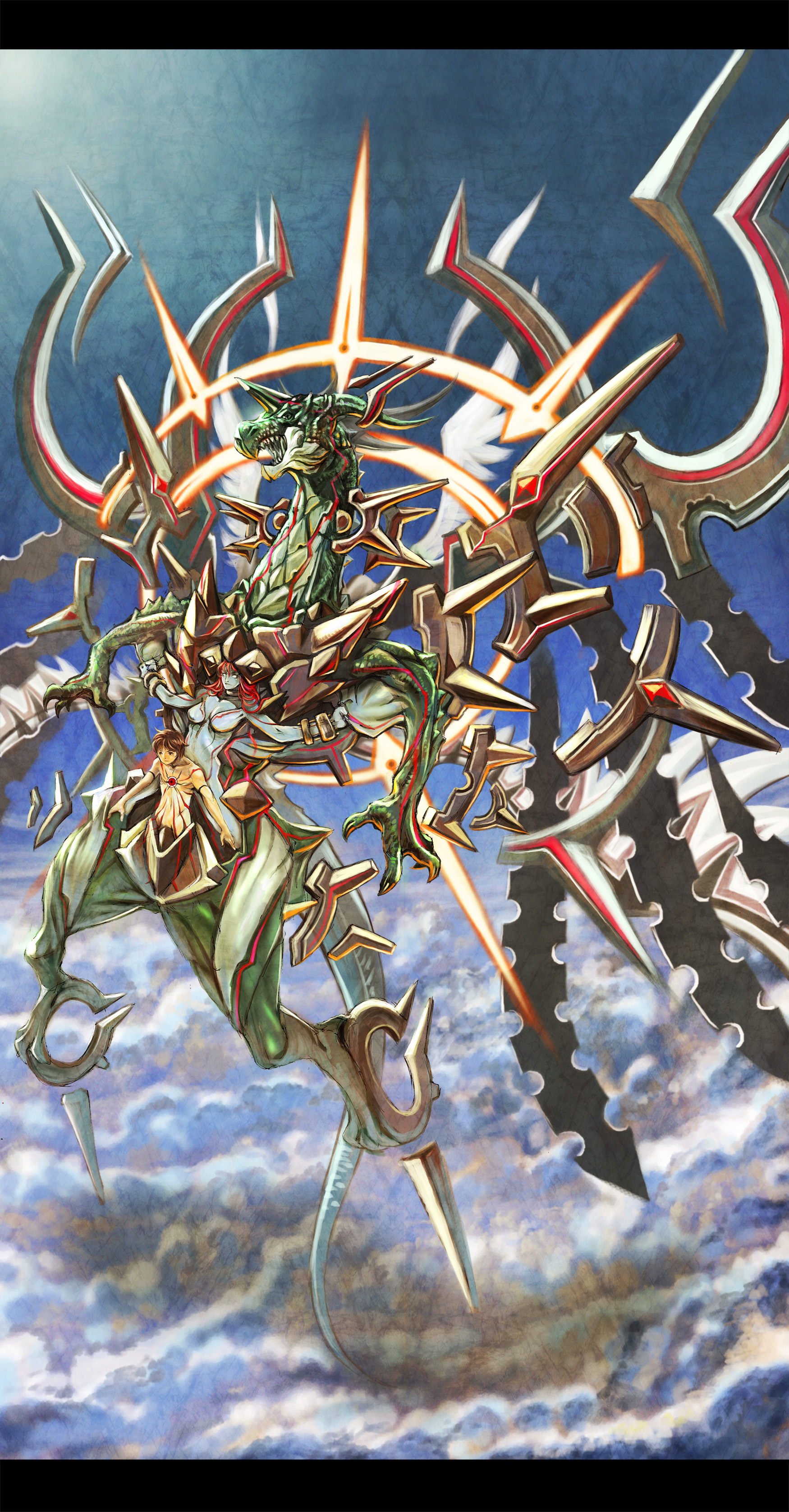 shinjuro yuri, yuririn (pixiv), pixiv fantasia, pixiv fantasia 3, absurdres, highres, blue skin, brown hair, cloud, colored skin, dragon, floating, letterboxed, mecha, no humans, no pupils, pilot, red hair, robot