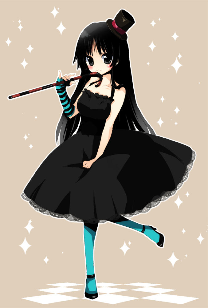 chikkuru, akiyama mio, don't say "lazy", k-on!, striped, 00s, 1girl, aqua pantyhose, black dress, black eyes, black hair, blue pantyhose, blush, cane, dress, female focus, fingerless gloves, gloves, hat, high heels, long hair, looking at viewer, matching hair/eyes, mini hat, mini top hat, nail polish, pantyhose, solo, sparkle, standing, standing on one leg, top hat
