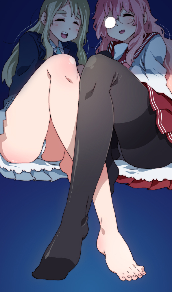 takanashi ringo, kotobuki tsumugi, takara miyuki, k-on!, lucky star, eyebrows, 00s, 2girls, barefoot, blonde hair, closed eyes, crossover, feet, glasses, legs, multiple girls, opaque glasses, panties, panties under pantyhose, pantyhose, pantyshot, pink hair, thighband pantyhose, underwear, upskirt