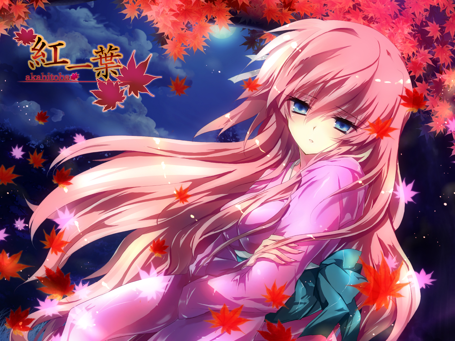 ichiyou moka, megurine luka, akahitoha (vocaloid), vocaloid, akahitoha, autumn, blue eyes, crossed arms, japanese clothes, kimono, leaf, long hair, night, night sky, pink hair, sky, solo, very long hair, wind