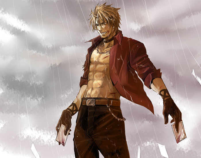 muccky, shen woo, snk, the king of fighters, 1boy, blonde hair, male focus, rain, smile, solo