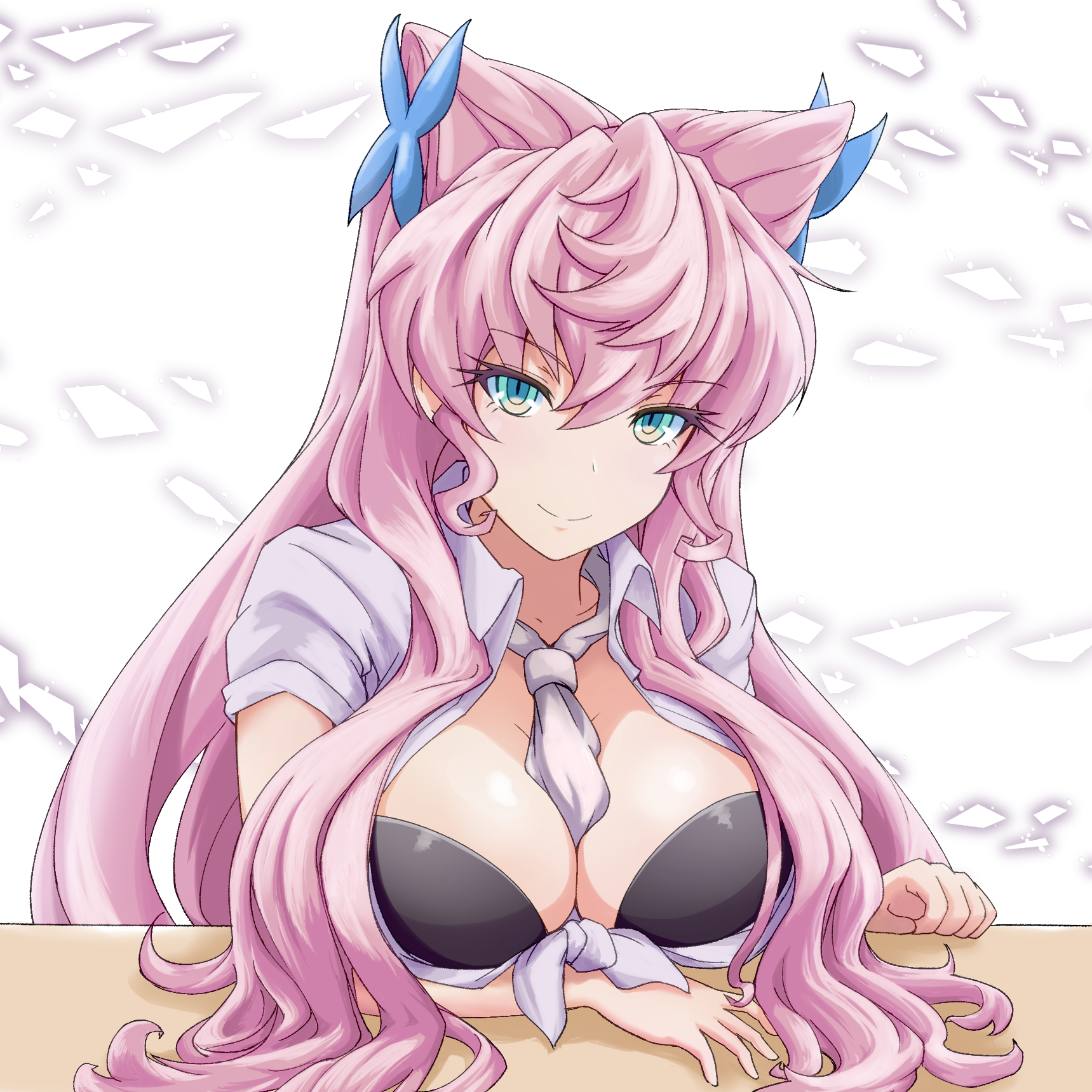 yakatsu, maria cadenzavna eve, senki zesshou symphogear, highres, 1girl, amesuku gyaru, between breasts, breasts, cleavage, green eyes, gyaru, hair between eyes, hair ornament, kogal, large breasts, long hair, looking at viewer, necktie, necktie between breasts, pink hair, smile, solo, very long hair