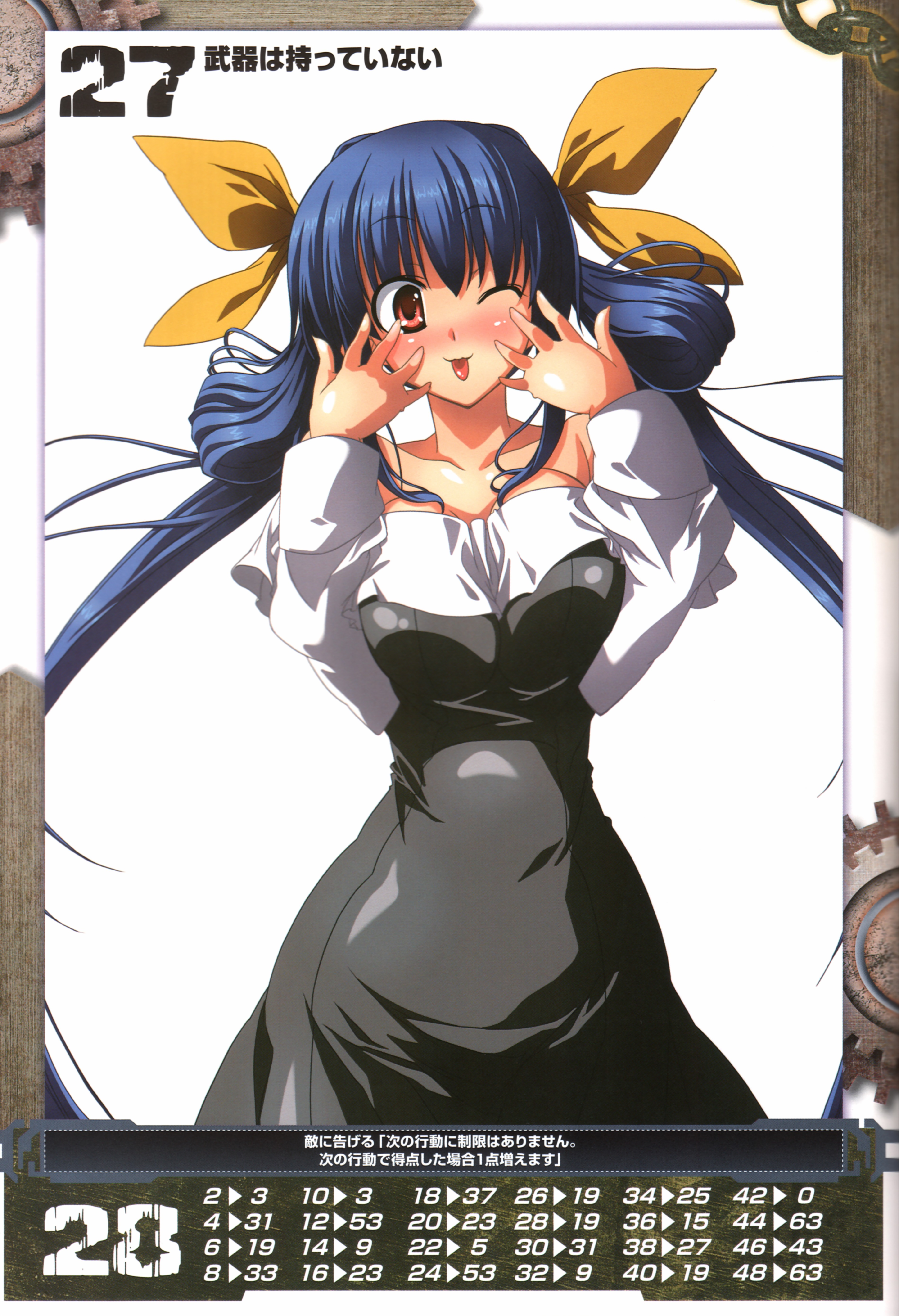 inoue takumi, dizzy (guilty gear), arc system works, guilty gear, queen's blade, queen's gate, absurdres, highres, official art, 1girl, ;p, blue hair, blush, female focus, long hair, one eye closed, red eyes, solo, tongue, tongue out, twintails, wink
