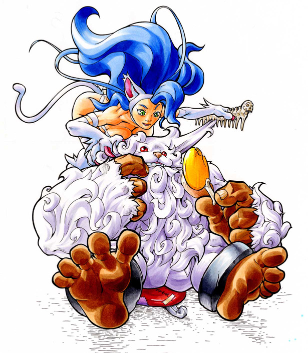 bananakun, felicia (darkstalkers), sasquatch (darkstalkers), capcom, darkstalkers, animal ears, barefoot, blue eyes, blue hair, cat ears, cat girl, cat tail, comb, curly hair, full body, long hair, monster, red eyes, red nails, sitting, skull, tail, white fur, yeti (creature)