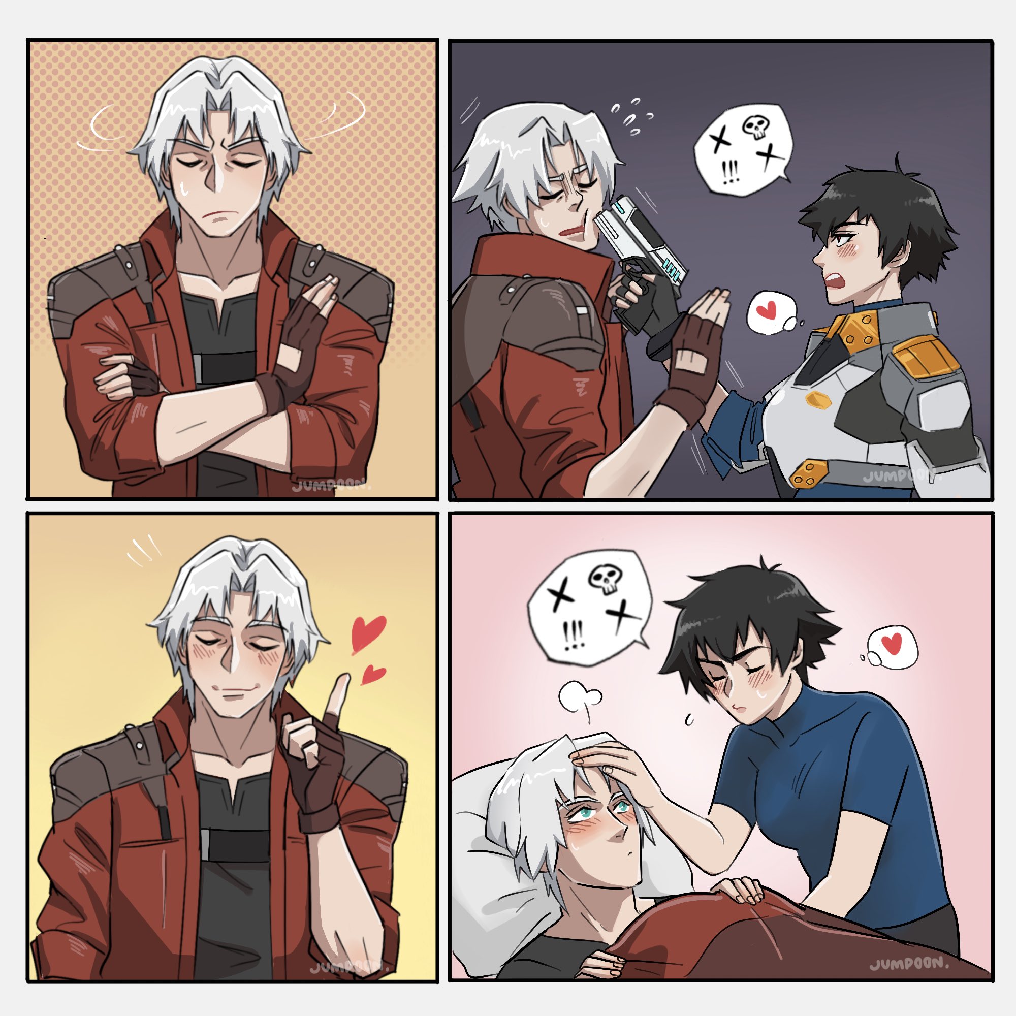 jumpoon, dante (devil may cry), lady (devil may cry), devil may cry (netflix), devil may cry (series), highres, 1boy, 1girl, armor, black hair, black shirt, blanket, blue eyes, blue shirt, closed eyes, coat, drakeposting (meme), fingerless gloves, flying sweatdrops, gloves, gun, heart, holding, holding gun, holding weapon, meme, pillow, red coat, shirt, weapon, white hair
