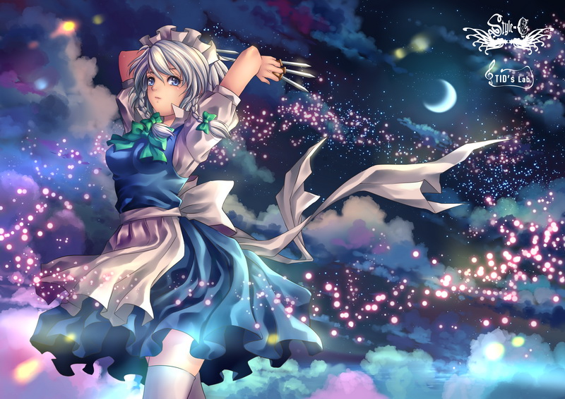 tidsean, izayoi sakuya, touhou, silver hair, 1girl, apron, arms up, blue eyes, braid, crescent moon, female focus, hairband, knife, maid, maid apron, moon, night, outdoors, sky, solo, thighhighs, throwing knife, twin braids, weapon, wind, zettai ryouiki