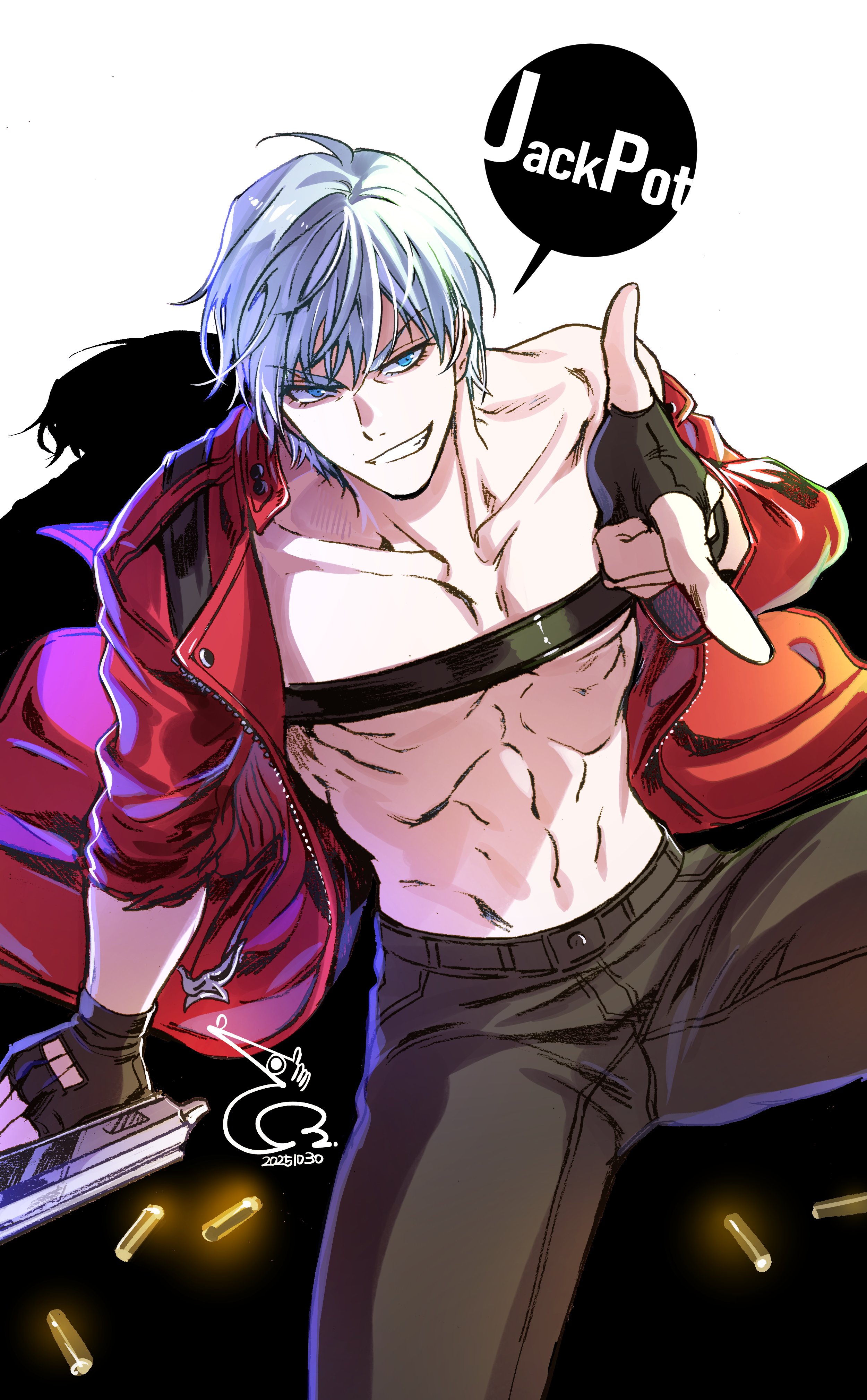 dante (devil may cry), devil may cry, devil may cry (series), devil may cry 3, absurdres, highres, 1boy, baehee5502, blue eyes, coat, dated, ebony & ivory, fingerless gloves, gloves, gun, holding, holding gun, holding weapon, looking at viewer, no shirt, pants, red coat, shell casing, signature, smirk, two-tone background, weapon, white hair