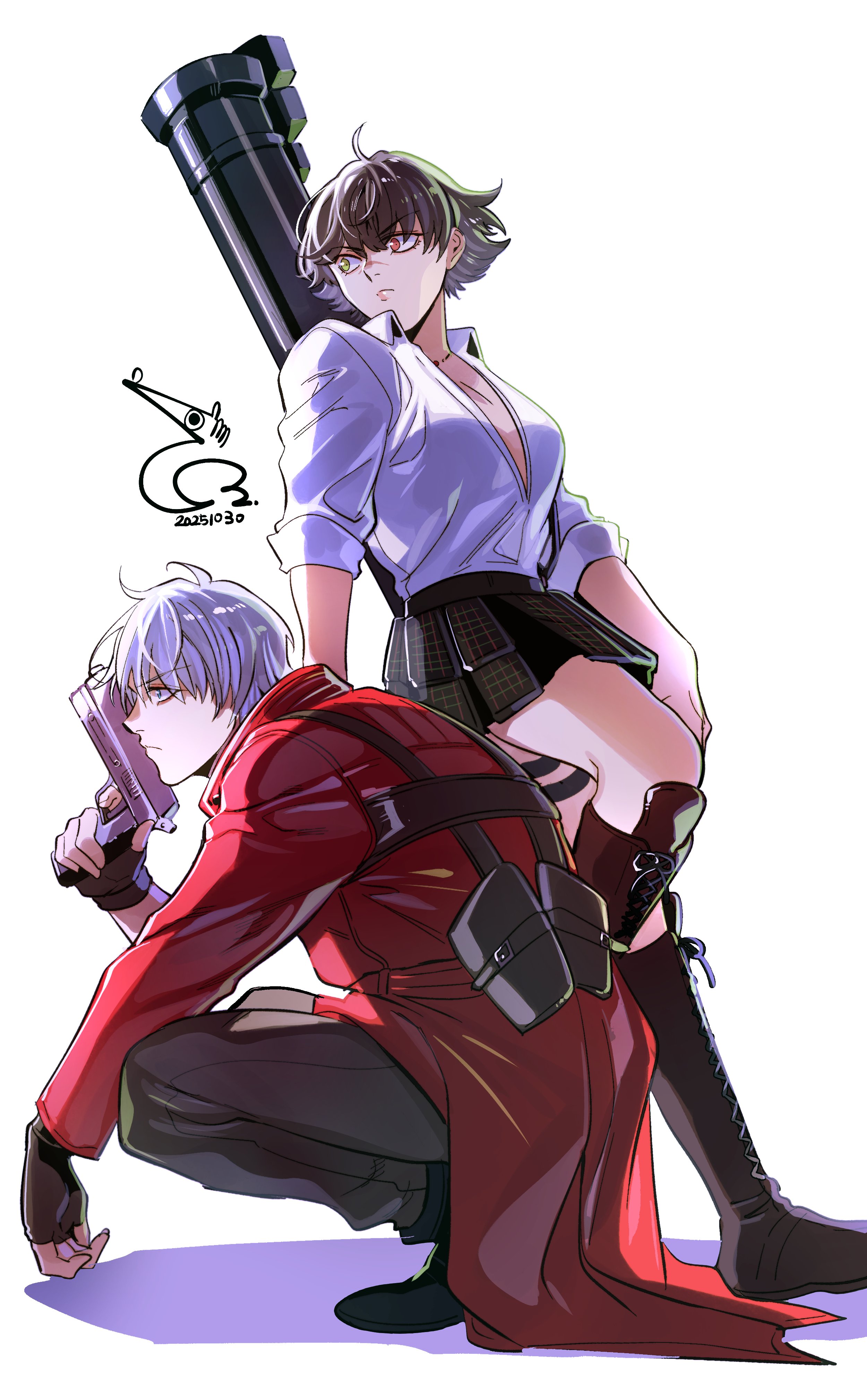 dante (devil may cry), lady (devil may cry), devil may cry, devil may cry (series), devil may cry 3, absurdres, highres, 1boy, 1girl, baehee5502, black hair, blue eyes, boots, coat, dated, ebony & ivory, gloves, green eyes, gun, heterochromia, holding, holding gun, holding weapon, kalina ann (weapon), red coat, red eyes, rocket launcher, shirt, signature, simple background, squatting, weapon, white background, white gloves, white shirt