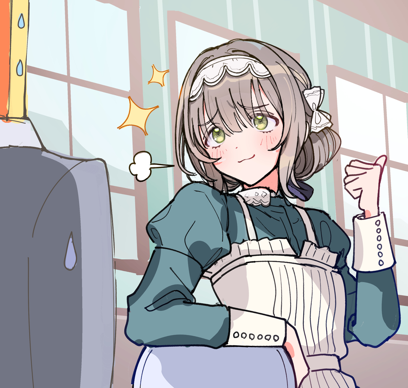 ippan gakumasup, hiwatari kanae, producer (idolmaster), gakuen idolmaster, idolmaster, highres, 1boy, 1girl, :3, apron, blush, closed mouth, dress, furrowed brow, green dress, long sleeves, maid, maid headdress, meme, puffy sleeves, smile, smug, smug inori (meme), white apron