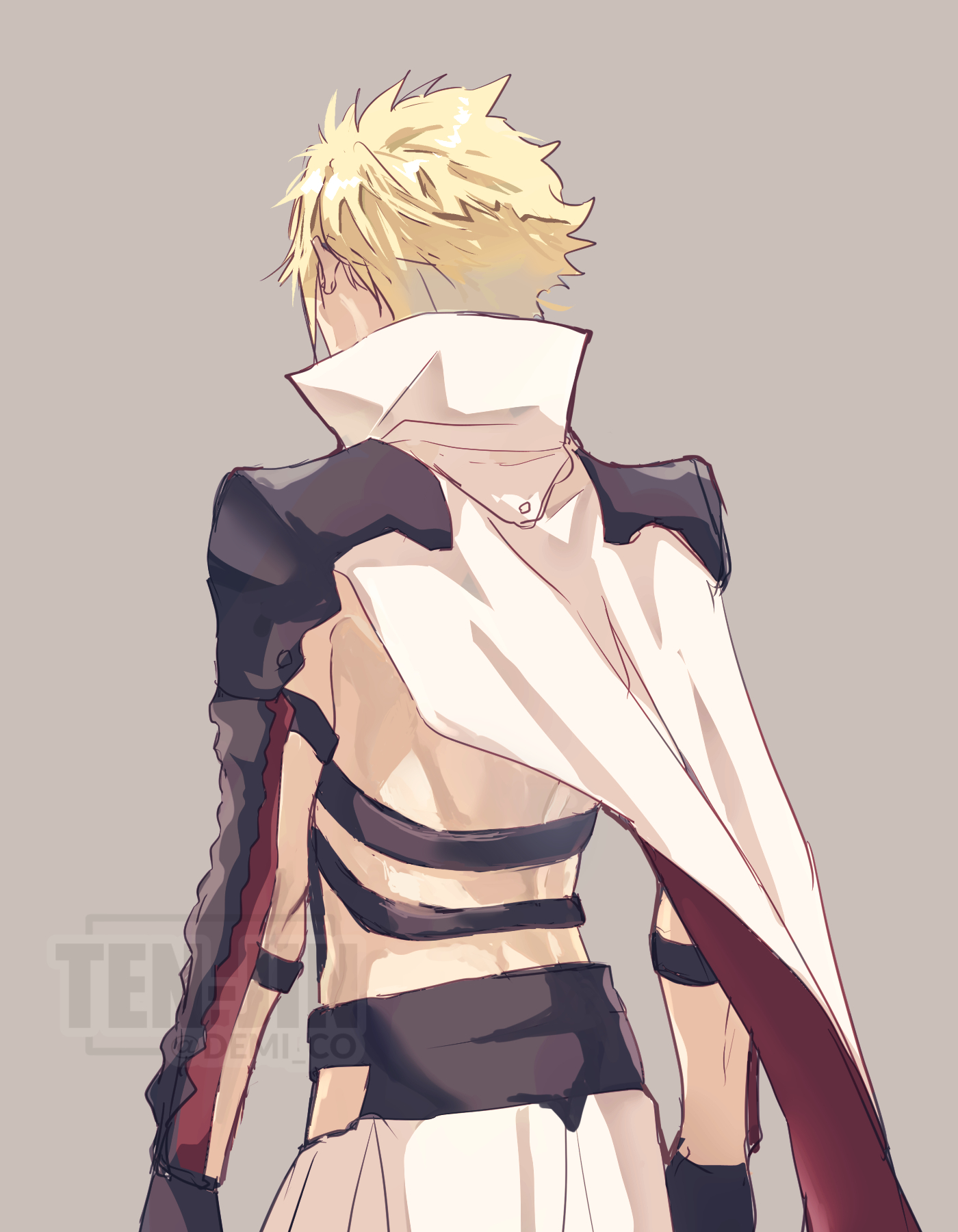 demi co, cloud strife, lightning farron, final fantasy, final fantasy vii, final fantasy vii ever crisis, highres, 1boy, armor, artist name, backless outfit, blonde hair, cape, cloud, cosplay, facing away, from behind, grey background, lightning farron (cosplay), male focus, red cape, short hair, shoulder armor, sketch, sky, solo, spiked hair, twitter username, two-sided cape, two-sided fabric, upper body, vambraces, white cape