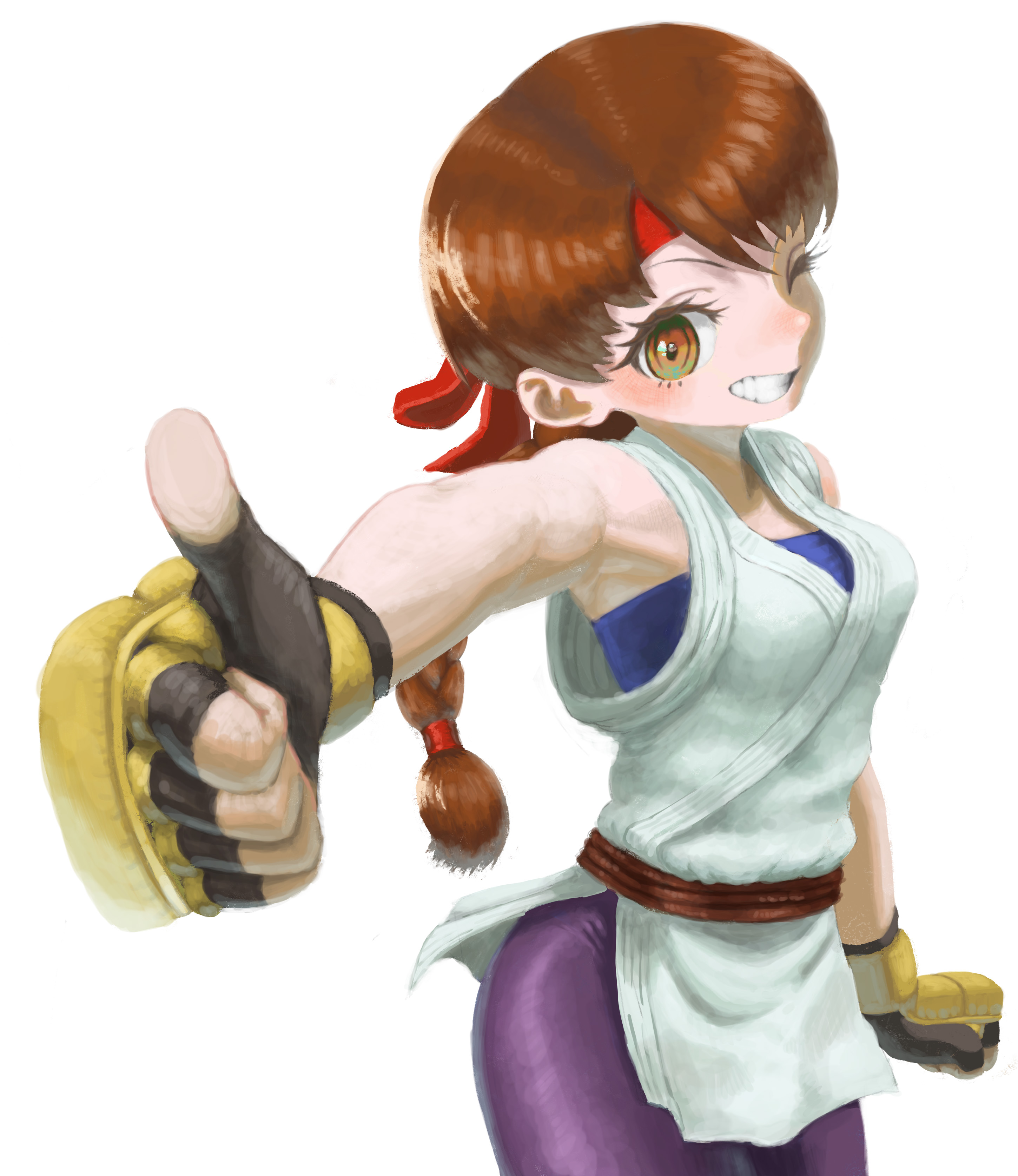 nojob hiro, yuri sakazaki, ryuuko no ken, absurdres, commentary, highres, 1girl, braid, brown hair, fingerless gloves, gloves, headband, long hair, one eye closed, red headband, single braid, solo, spandex, thumbs up