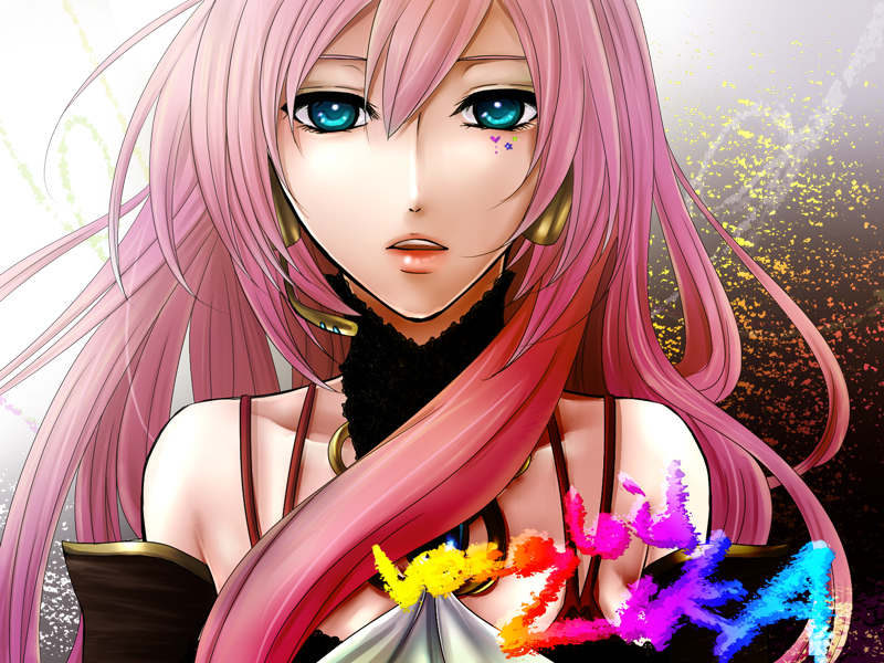 soudou, megurine luka, vocaloid, bad id, bad pixiv id, blue eyes, facepaint, headset, long hair, pink hair