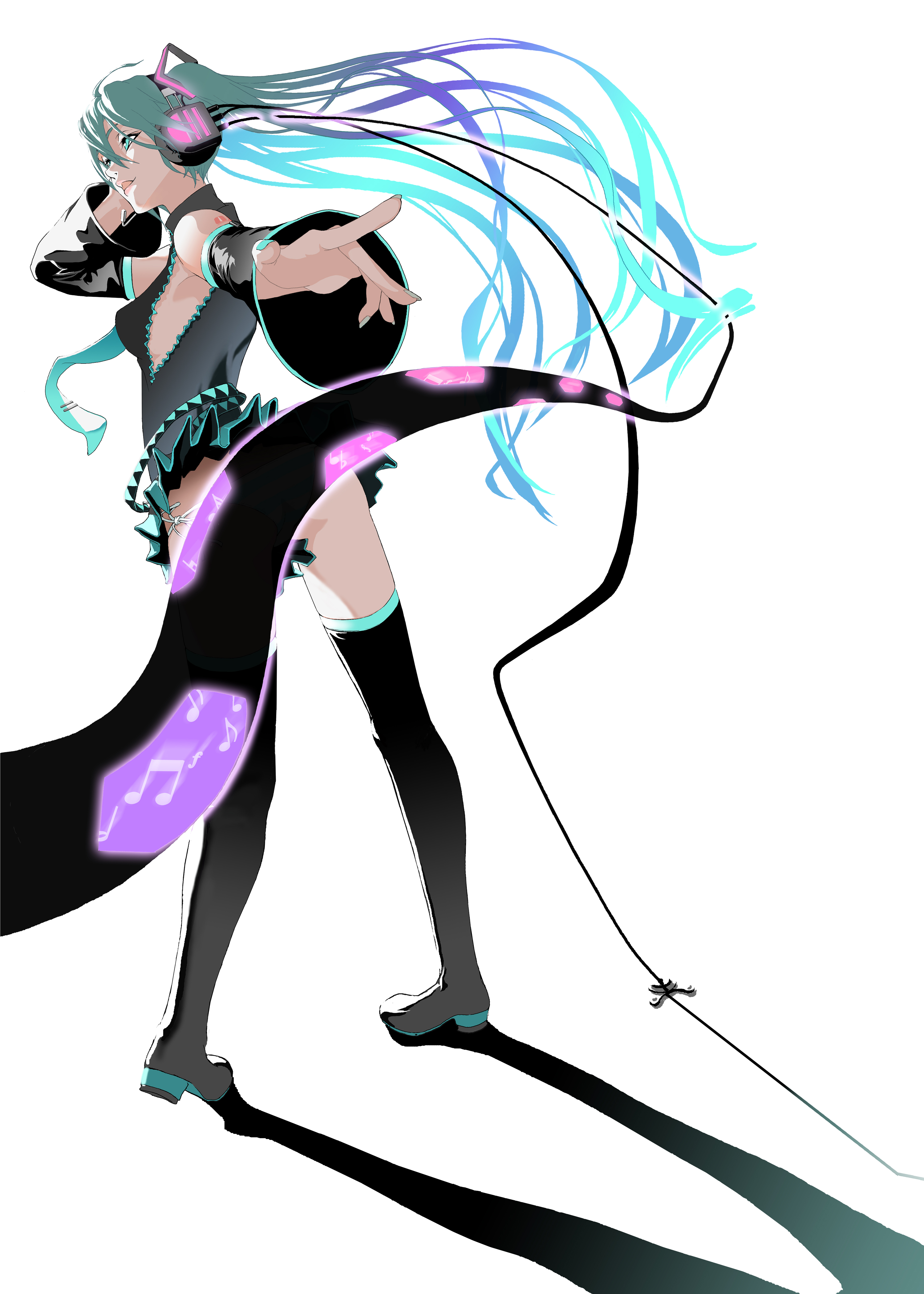 bujin, hatsune miku, vocaloid, absurdres, highres, aqua eyes, aqua hair, censored, convenient censoring, headphones, headset, long hair, music, necktie, simple background, singing, skirt, solo, thighhighs, twintails, zettai ryouiki