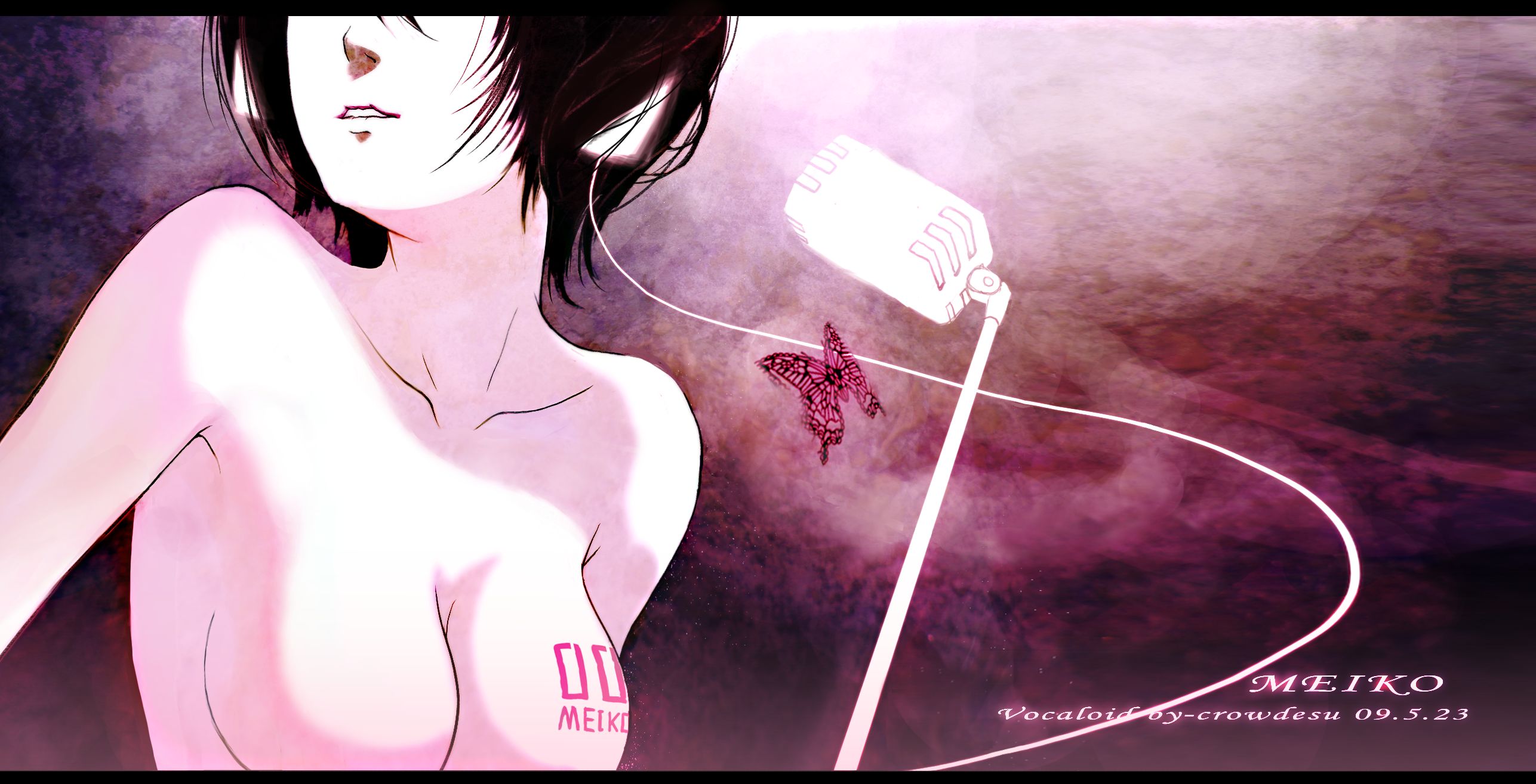 crowdesu, meiko (vocaloid), vocaloid, bad id, bad pixiv id, highres, 1girl, breasts, brown hair, female focus, head out of frame, headphones, large breasts, microphone, microphone stand, no nipples, nude, short hair, solo, vintage microphone