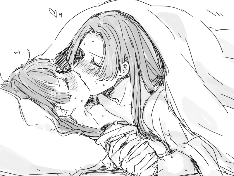 ck ksry jm, jinshi (kusuriya no hitorigoto), maomao (kusuriya no hitorigoto), kusuriya no hitorigoto, 1boy, 1girl, beads, blunt bangs, blush, closed eyes, couple, greyscale, hair beads, hair ornament, hetero, holding hands, interlocked fingers, kiss, long hair, monochrome, parted lips, pillow, sidelocks, sketch, sweat, under covers, upper body, white background