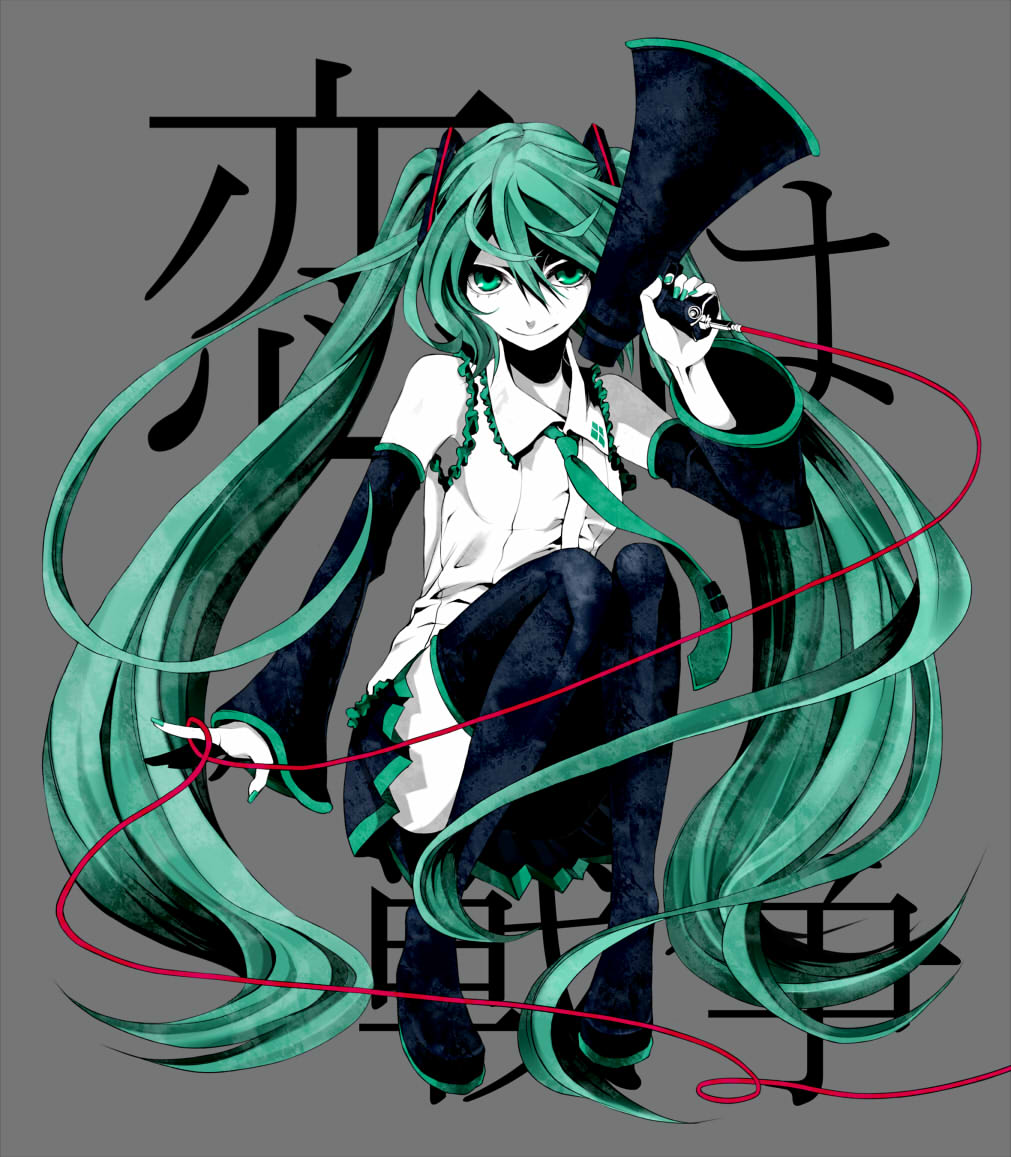 macco, hatsune miku, koi wa sensou (vocaloid), vocaloid, bad id, bad pixiv id, jpeg artifacts, detached sleeves, green eyes, green hair, headset, long hair, megaphone, necktie, skirt, solo, thighhighs, twintails, very long hair
