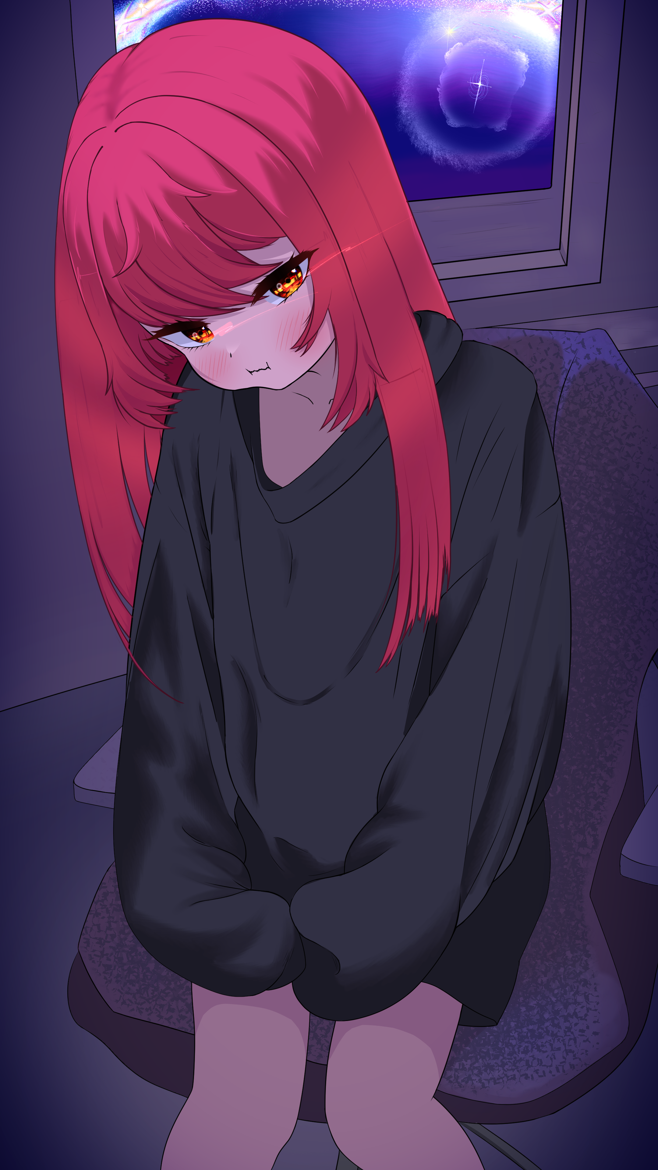 absurdres, highres, tagme, 1girl, blush, chair, cuteandfunny, electroid, hood, hooded jacket, jacket, looking at viewer, on chair, oversized clothes, pout, red eyes, red hair, solo, solo focus