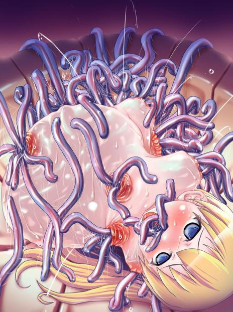 kaeru, rebecca miyamoto, pani poni dash!, slime, 00s, 1girl, all the way through, amputee, blonde hair, blue eyes, guro, infested breasts, loli, melting, nipple penetration, nipples, quadruple amputee, rape, stomach bulge, tentacles, wet, what