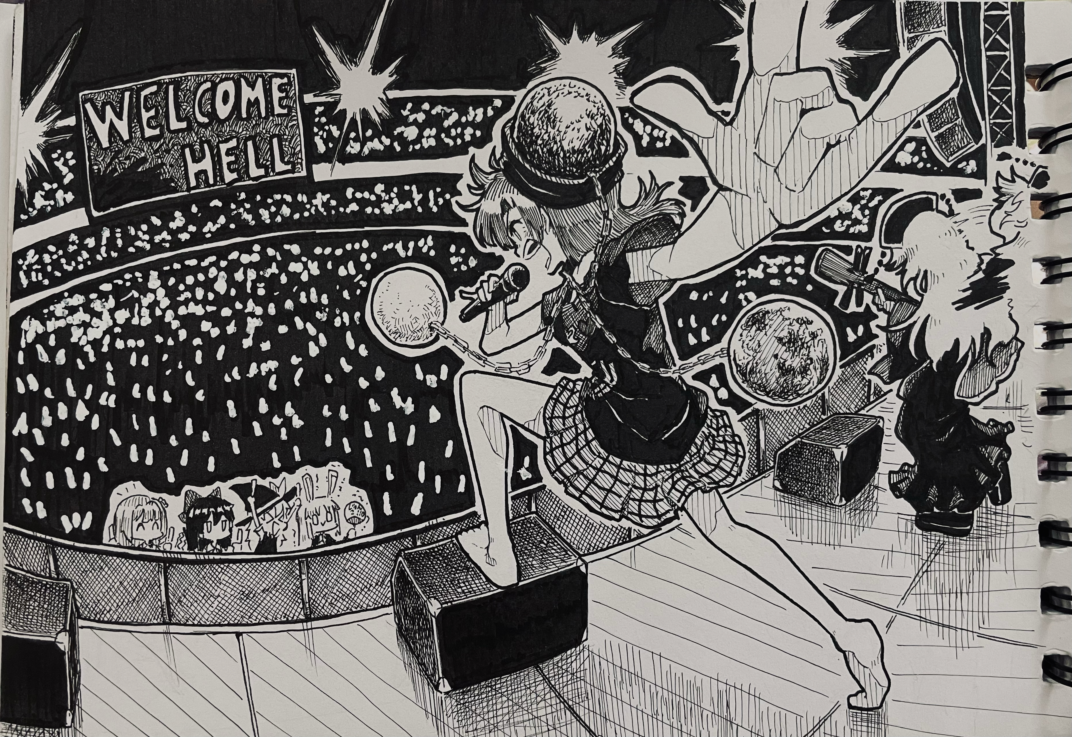 suteruko, hakurei reimu, hecatia lapislazuli, junko (touhou), kirisame marisa, kochiya sanae, reisen udongein inaba, touhou, absurdres, commentary, commentary request, english commentary, highres, instrument request, mixed-language commentary, photo (medium), traditional media, 6+girls, animal ears, barefoot, bow, chain, closed mouth, dalachi (headdress), earth (ornament), english text, frog hair ornament, glowstick, hair bow, hair ornament, hair tubes, hat, hat bow, holding, holding glowstick, holding instrument, holding microphone, instrument, long hair, microphone, moon (ornament), multiple girls, music, open mouth, playing instrument, rabbit ears, rabbit girl, shirt, shoes, singing, skirt, smile, tabard, toes, underworld (ornament), witch hat