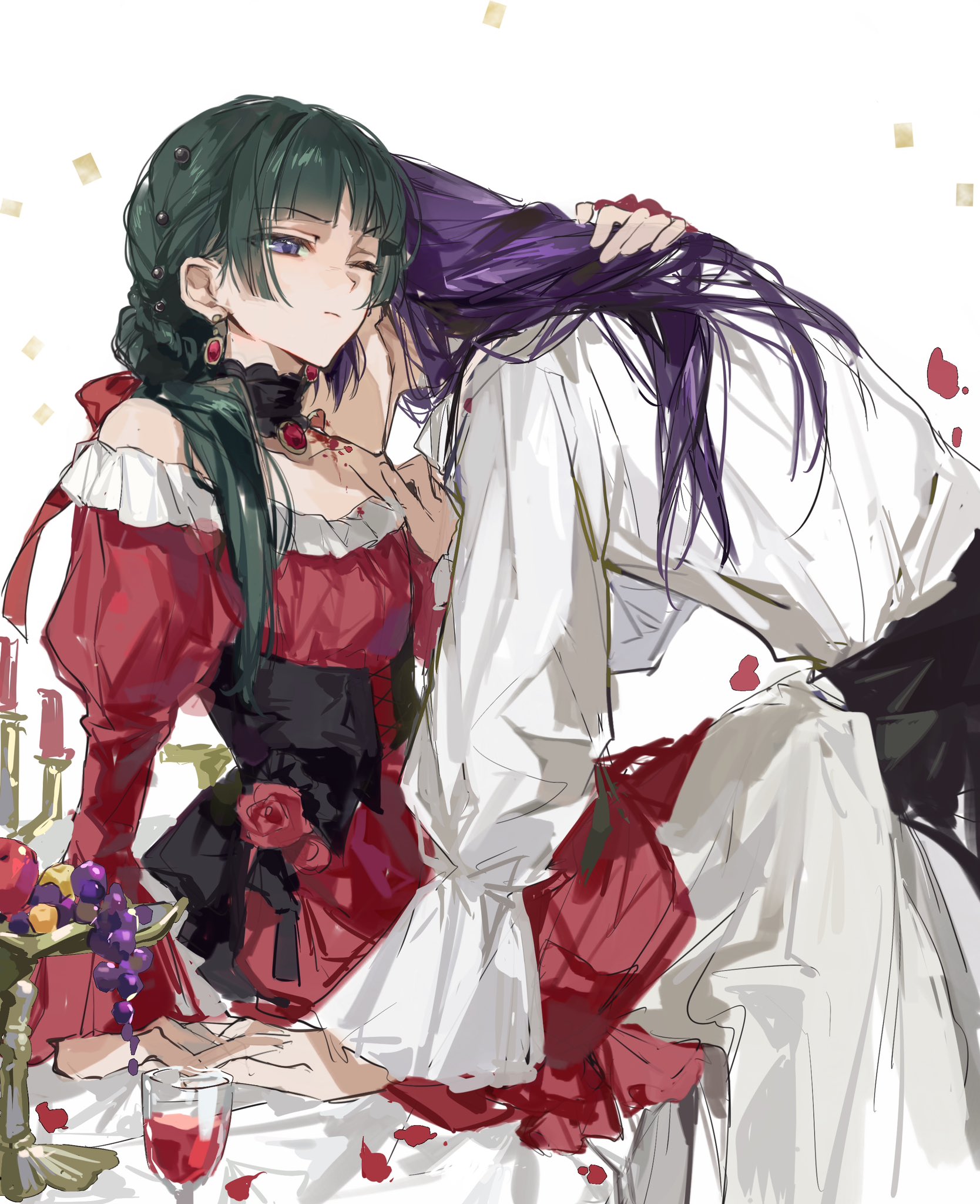 yuikisezu, jinshi (kusuriya no hitorigoto), maomao (kusuriya no hitorigoto), kusuriya no hitorigoto, highres, 1boy, 1girl, alcohol, apple, arm around waist, biting, black choker, black pants, blue eyes, blunt bangs, braid, breasts, candlestand, choker, couple, cup, dress, dress flower, drinking glass, earrings, falling petals, flower, food, fruit, furrowed brow, grapes, hair over shoulder, hand in another's hair, hand on another's chest, hetero, jewelry, juliet sleeves, long dress, long hair, long sleeves, medium breasts, neck biting, off-shoulder dress, off shoulder, one eye closed, open mouth, pants, petals, puffy long sleeves, puffy sleeves, red dress, red flower, red petals, red rose, red wine, rose, shirt, single braid, vampire, white background, white shirt, wine, wine glass