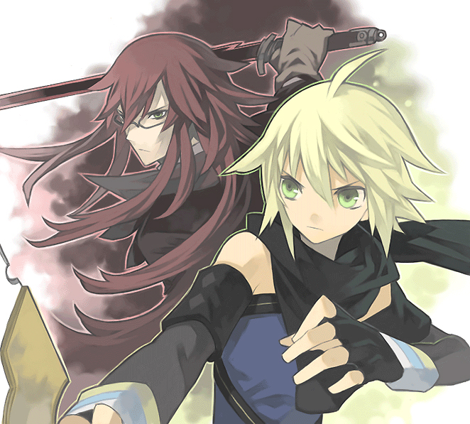 emil castagnier, richter abend, tales of (series), tales of symphonia, tales of symphonia: dawn of the new world, 00s, 2boys, blonde hair, fingerless gloves, glasses, gloves, green eyes, long hair, male focus, multiple boys, red hair, scarf, sword, weapon