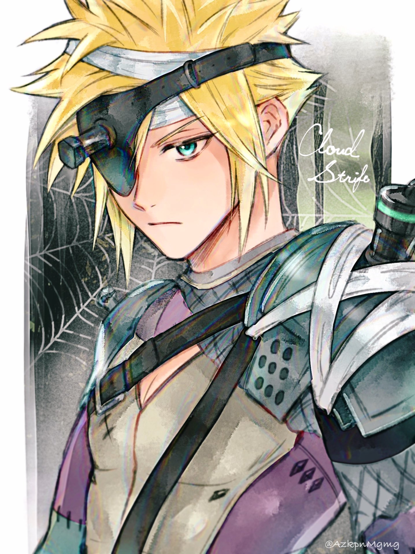 3wa tari, cloud strife, cloud strife (bandaged coat), final fantasy, final fantasy vii, final fantasy vii ever crisis, highres, 1boy, aqua eyes, armor, bandaged head, bandages, blonde hair, bodysuit, character name, chest strap, closed mouth, eyepatch, grey bodysuit, hair between eyes, male focus, multicolored bodysuit, object through head, official alternate costume, portrait, purple bodysuit, screw in head, short hair, shoulder armor, silk, solo, spider web, spiked hair, stitched arm, stitched chest, stitches, two-tone bodysuit, upper body