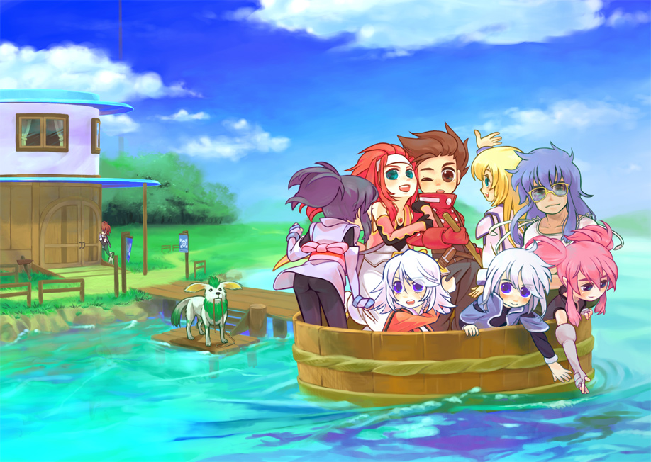 apple-boy, sio vanilla, colette brunel, fujibayashi sheena, genius sage, kratos aurion, lloyd irving, noishe, presea combatir, raine sage, regal bryan, zelos wilder, tales of (series), tales of symphonia, 00s, 4girls, 5boys, animal, aqua eyes, bespectacled, blonde hair, blue eyes, blue hair, blush, brown eyes, brown hair, buttons, chibi, cloud, everyone, fingerless gloves, glasses, gloves, green eyes, happy, headband, japanese clothes, kimono, long hair, multiple boys, multiple girls, ninja, one eye closed, pants, pink hair, ponytail, profile, purple eyes, red gloves, red hair, red shirt, ribbon, shirt, short hair, short kimono, sky, smile, spiked hair, sunglasses, suspenders, tub, twintails, water, white hair, wink, wooden bathtub