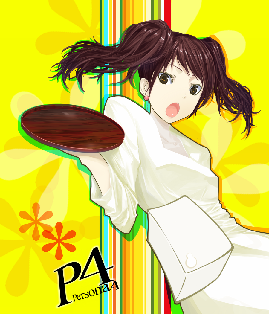 chef no kimagure salad, mikipuruun no naegi, kujikawa rise, atlus, persona, persona 4, bad id, bad pixiv id, 1girl, earrings, female focus, food, jewelry, open mouth, solo, tofu, tray, twintails