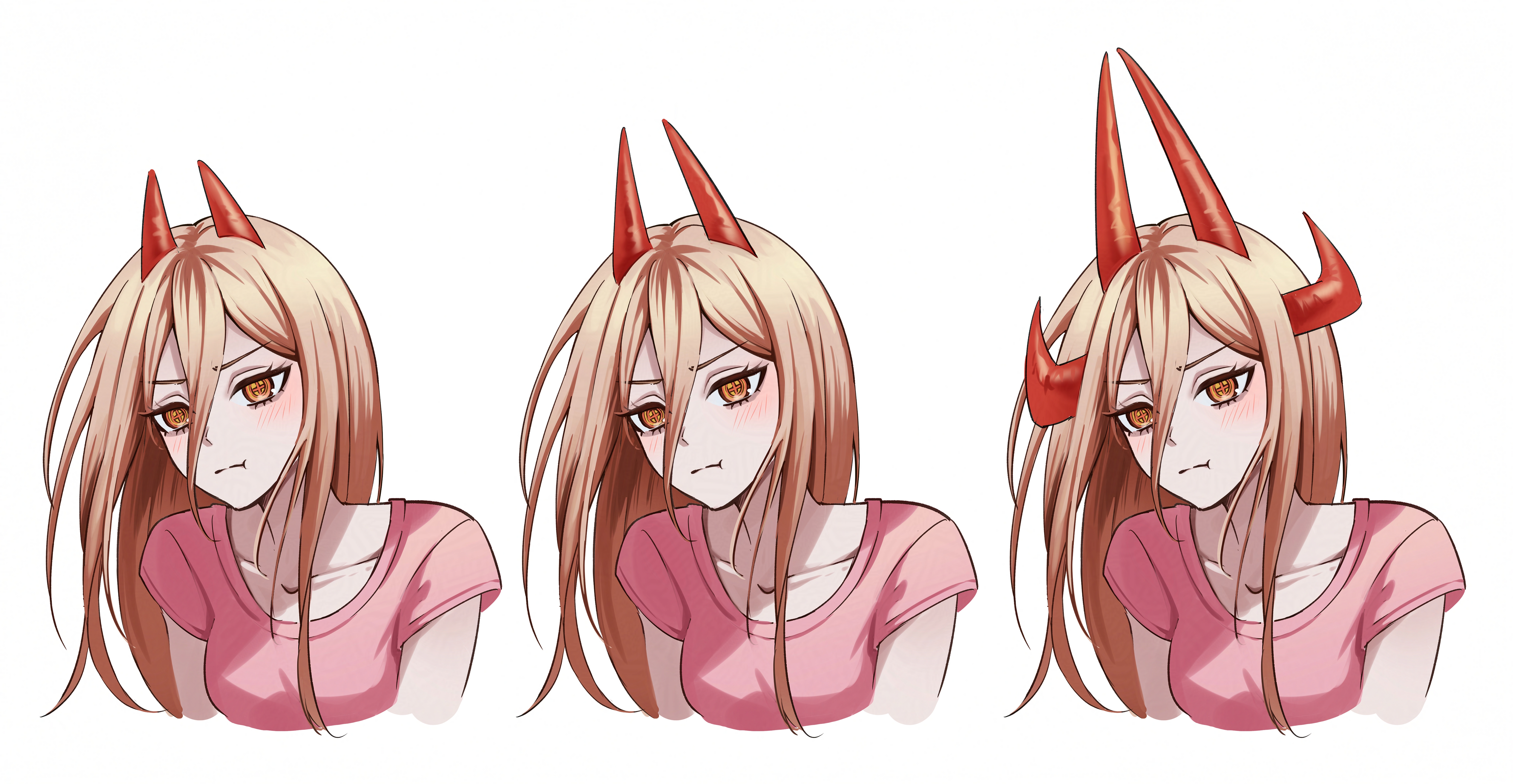 kiring (pixiv 69139213), power (chainsaw man), chainsaw man, absurdres, highres, 1girl, blonde hair, closed mouth, demon girl, demon horns, hair between eyes, horns, long hair, long hair between eyes, multiple horns, multiple views, orange eyes, pink shirt, red horns, shirt, white background