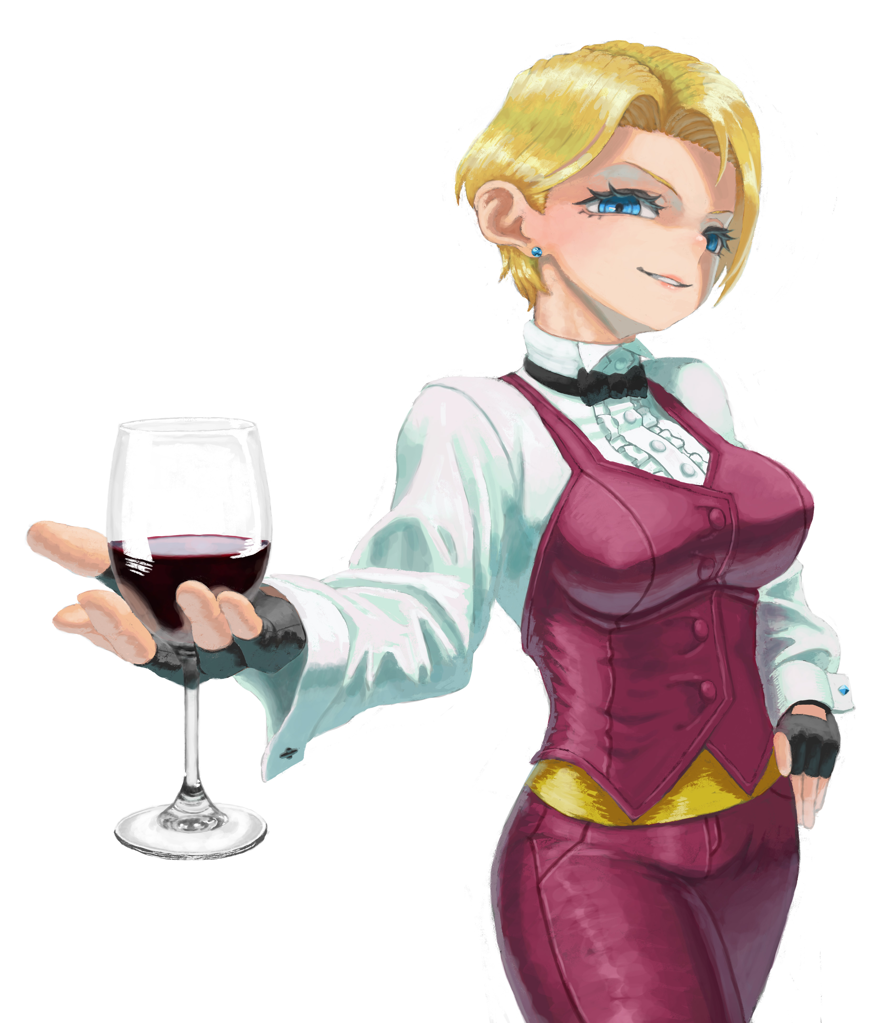 nojob hiro, king (snk), ryuuko no ken, absurdres, commentary, highres, 1girl, alcohol, blonde hair, blue eyes, cup, drinking glass, earrings, fingerless gloves, gloves, jewelry, short hair, simple background, solo, white background, wine, wine glass