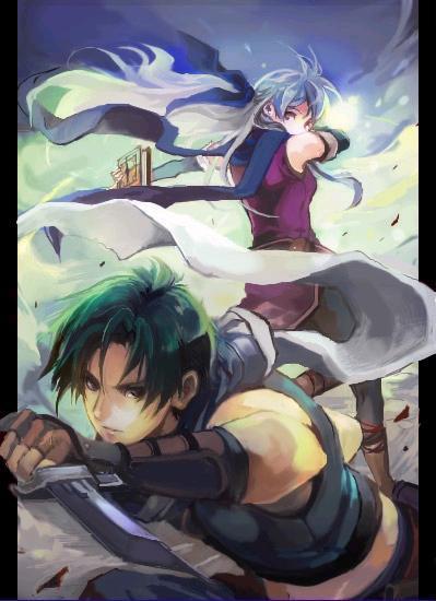 hanakago, micaiah (fire emblem), sothe (fire emblem), fire emblem, fire emblem: radiant dawn, nintendo, silver hair, 1boy, 1girl, bare shoulders, black gloves, black pantyhose, blue scarf, book, dagger, dress, elbow gloves, gloves, green hair, half updo, knife, long hair, pantyhose, scarf, side slit, sleeveless, sleeveless dress, weapon