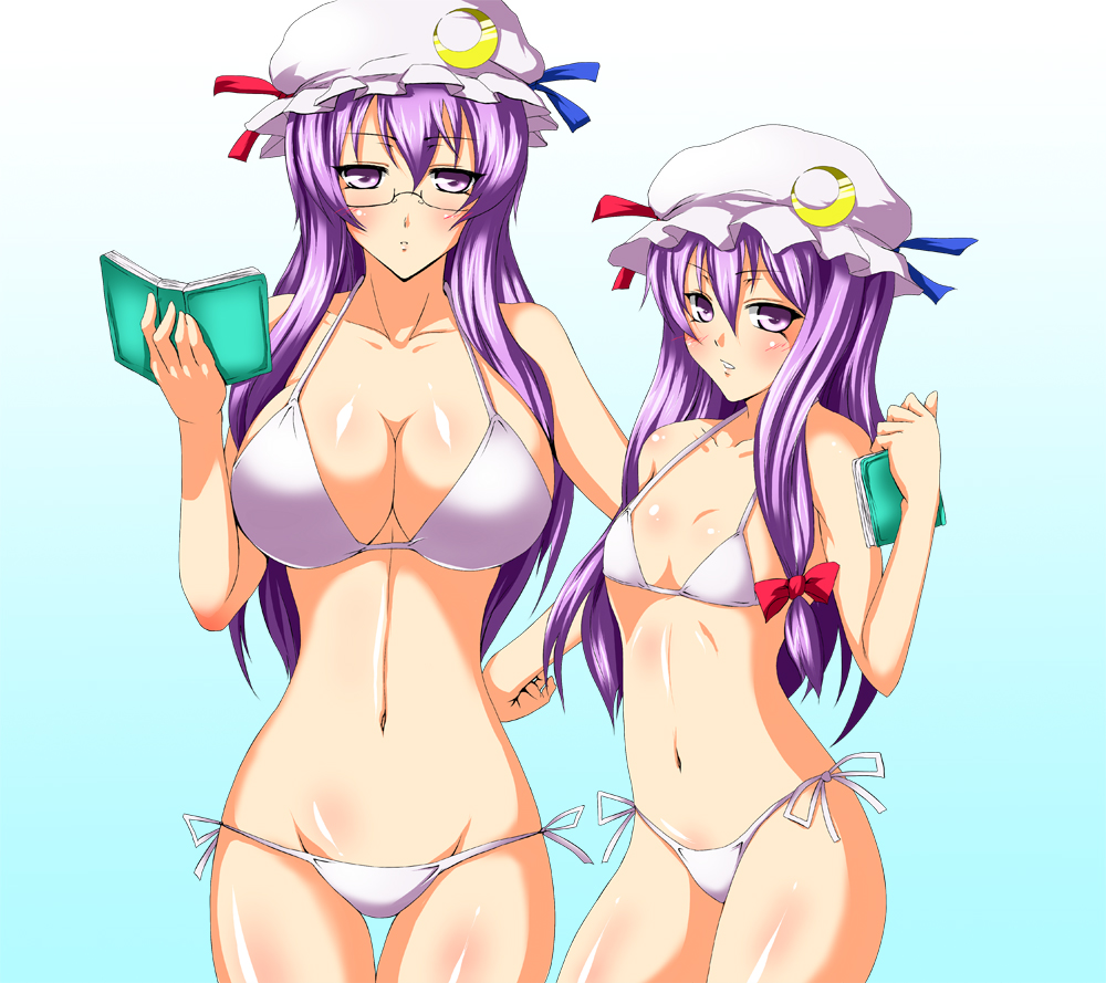 iwamoto eiri, patchouli knowledge, touhou, bad id, bad pixiv id, 2girls, age comparison, aged up, bespectacled, bikini, book, breasts, crescent, crescent hat ornament, dual persona, female focus, flat chest, glasses, hat, hat ornament, large breasts, long hair, multiple girls, purple eyes, purple hair, side-tie bikini bottom, swimsuit, time paradox