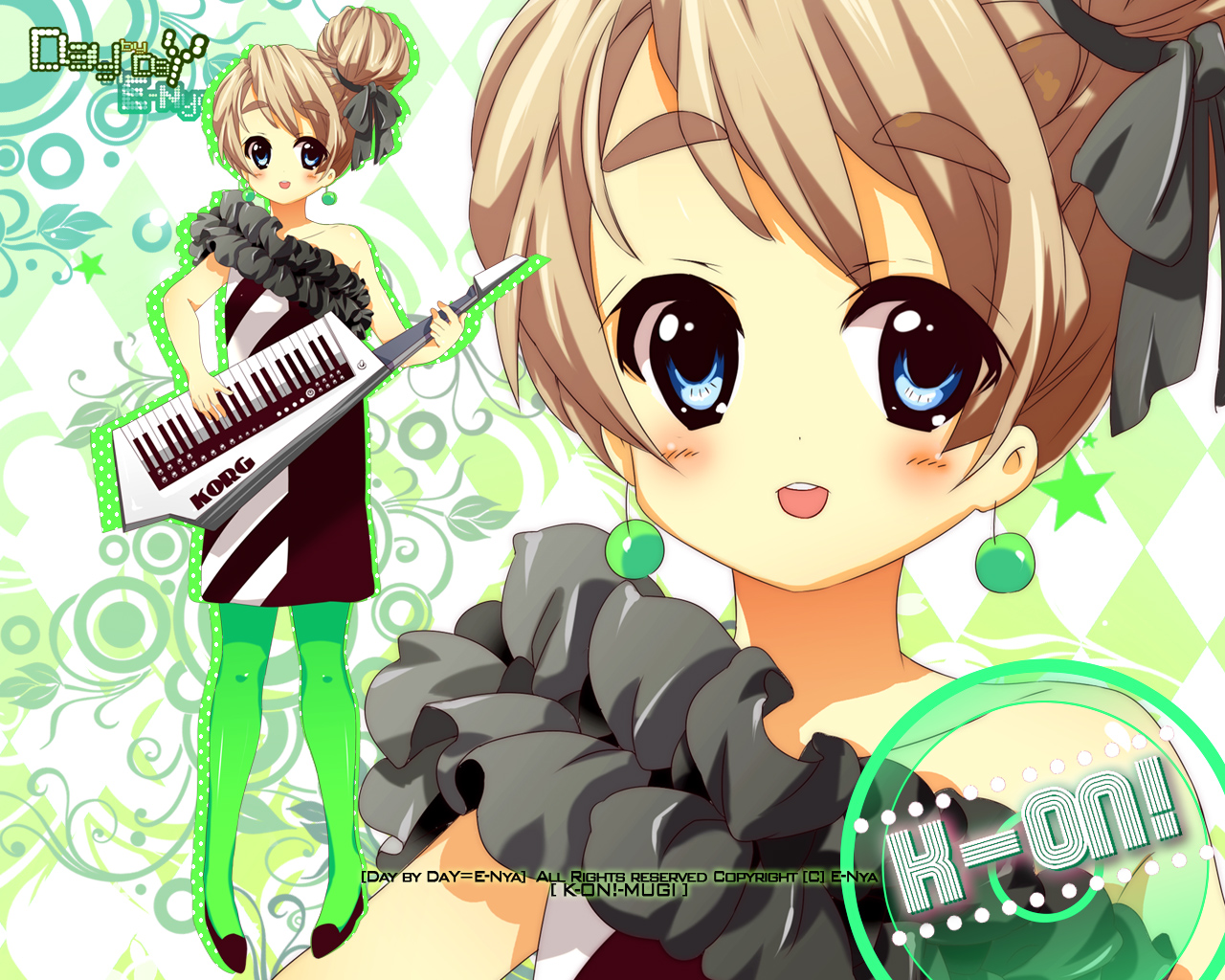 e-nya, kotobuki tsumugi, don't say "lazy", k-on!, eyebrows, bad id, bad pixiv id, 00s, 1girl, blonde hair, blue eyes, dress, female focus, green pantyhose, hair bun, instrument, pantyhose, single hair bun, solo, zoom layer