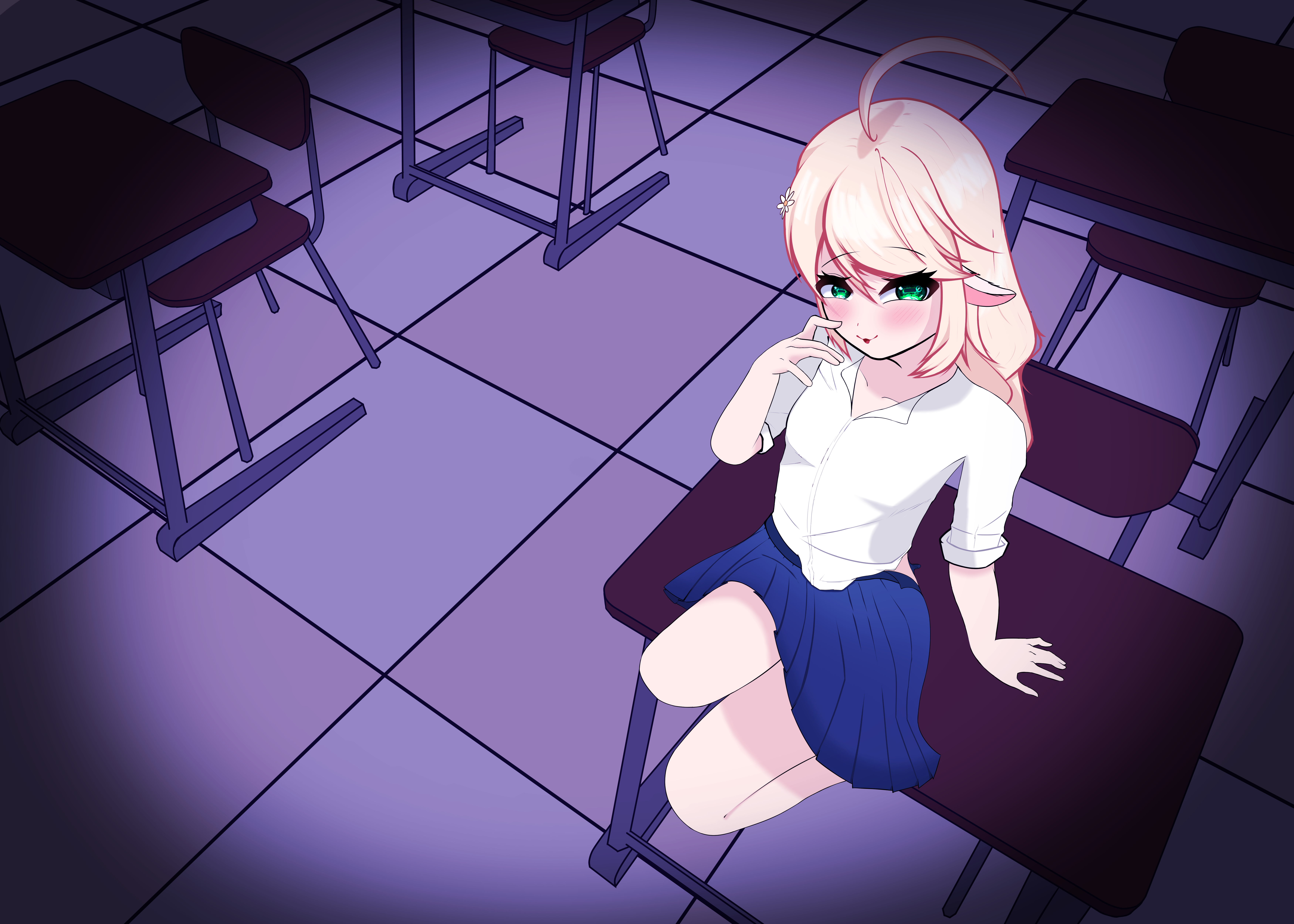 moka kurai, indie virtual youtuber, absurdres, commentary, english commentary, highres, tagme, 1girl, ahoge, animal ears, blonde hair, desk, electroid, from above, goat ears, goat horns, green eyes, hair ornament, horizontal pupils, horns, looking at viewer, mesugaki, on desk, school uniform, sitting, skirt, smug, solo, solo focus, tile floor, tiles, virtual youtuber
