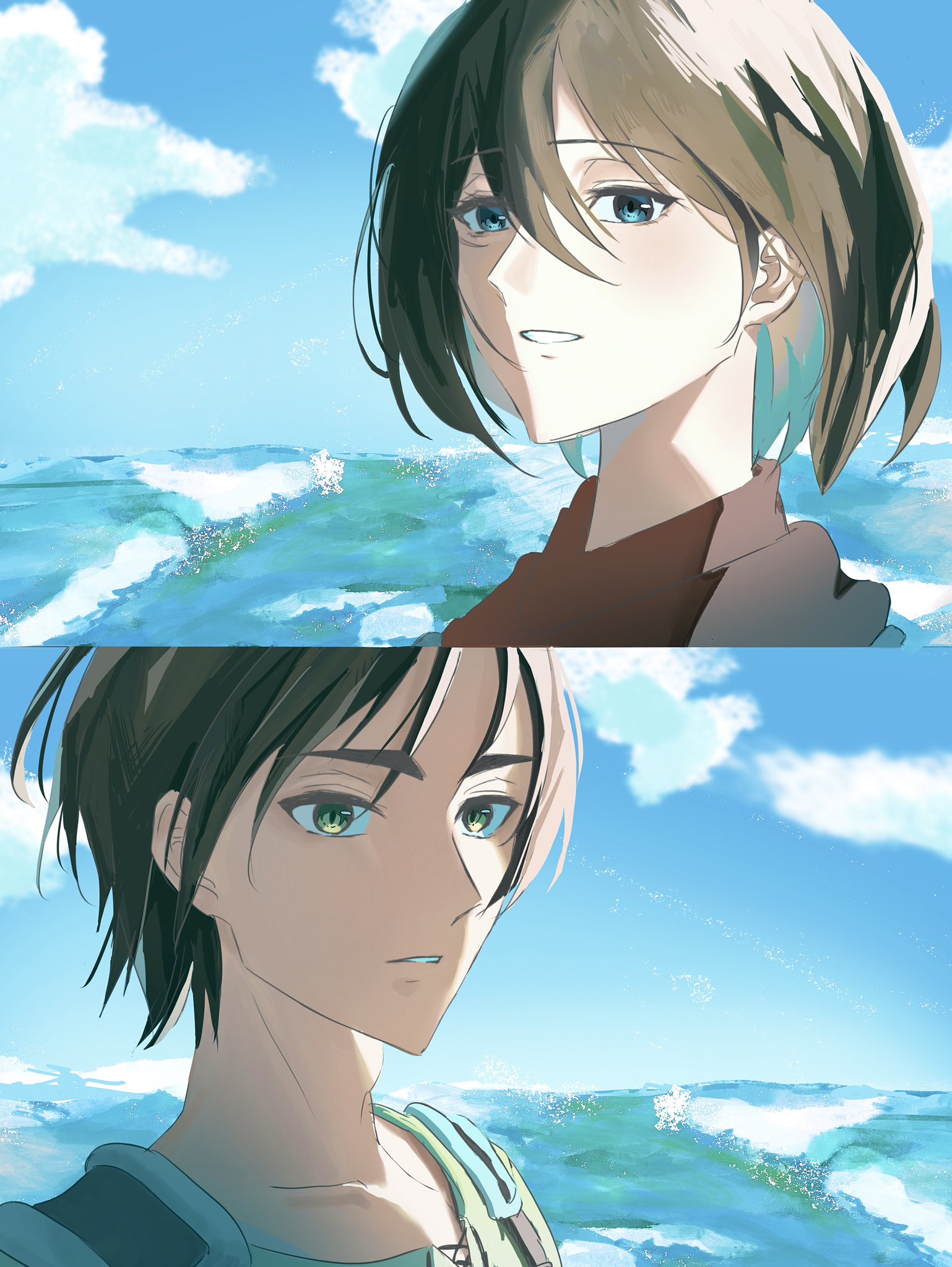 eren yeager, mikasa ackerman, shingeki no kyojin, highres, 1boy, 1girl, blue eyes, cloud, cloudy sky, couple, facial scar, green eyes, hair between eyes, hetero, light smile, looking at another, ocean, parted bangs, parted lips, red scarf, scar, scar on cheek, scar on face, scarf, short hair, sky, tatakaehhhh, upper body