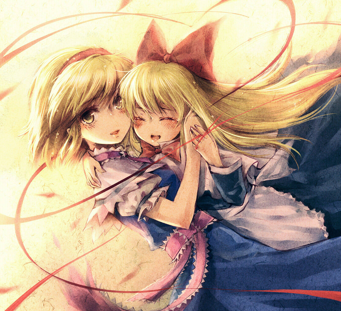kieta, alice margatroid, shanghai doll, touhou, 2girls, blonde hair, doll, female focus, hairband, hug, hugging doll, hugging object, long hair, multiple girls, ribbon, short hair, smile, tears, yellow eyes