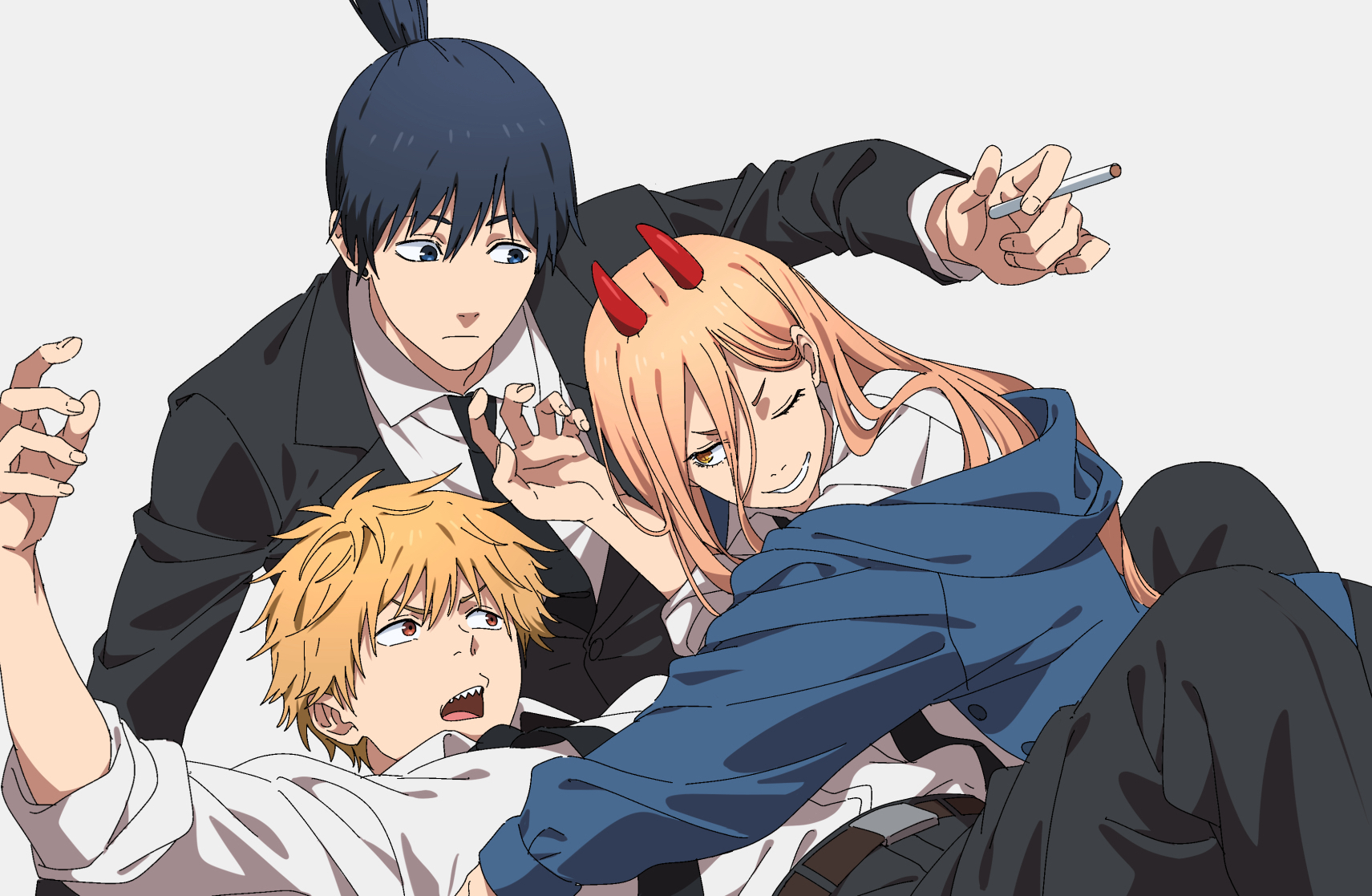 poteke, denji (chainsaw man), hayakawa aki, power (chainsaw man), chainsaw man, highres, 1girl, 2boys, belt, black hair, black jacket, black necktie, black pants, black suit, blonde hair, blue jacket, brown belt, cigarette, formal clothes, hair between eyes, holding, holding cigarette, jacket, long hair, long hair between eyes, multiple boys, necktie, one eye closed, orange eyes, pants, sharp teeth, shirt, short hair, suit, suit jacket, teeth, topknot, white shirt, yellow eyes
